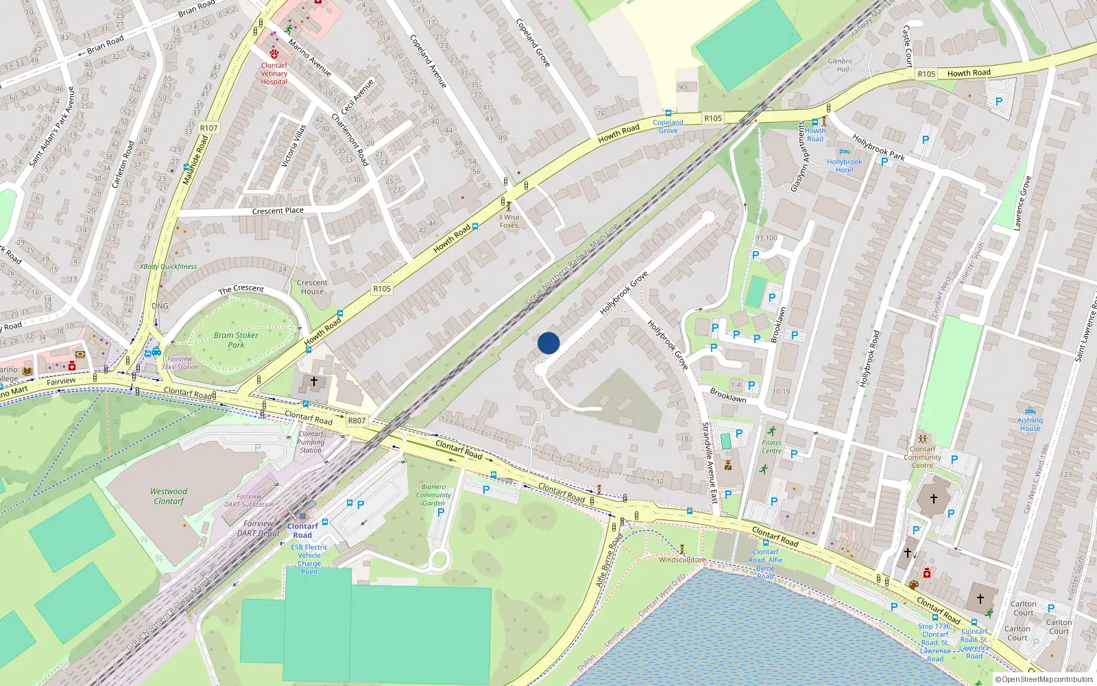 Overhead map showing the location of 34 Hollybrook Grove, Dublin 3