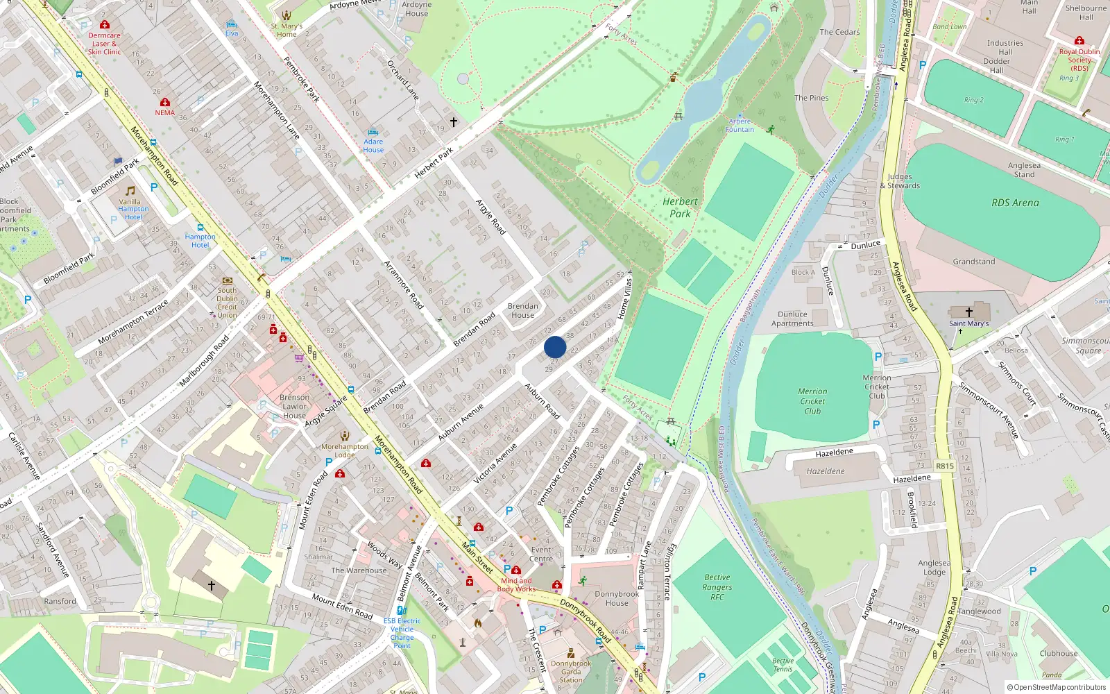 Overhead map showing the location of 34 Home Villas, Dublin 4