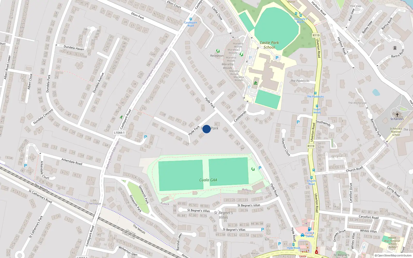 Overhead map showing the location of 34 Hyde Park, Dalkey, Dublin
