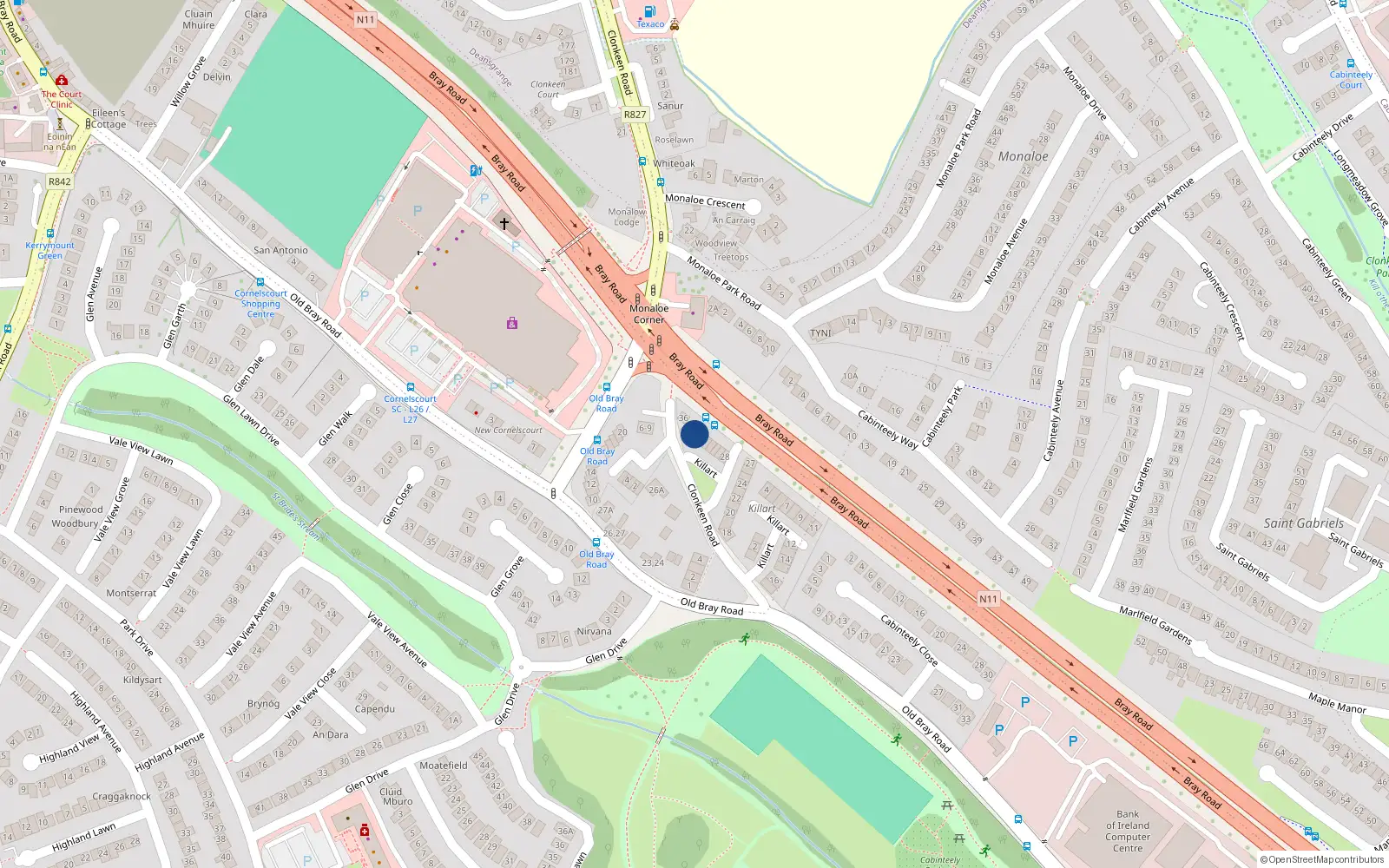 Overhead map showing the location of 34 Killart, Dublin 18