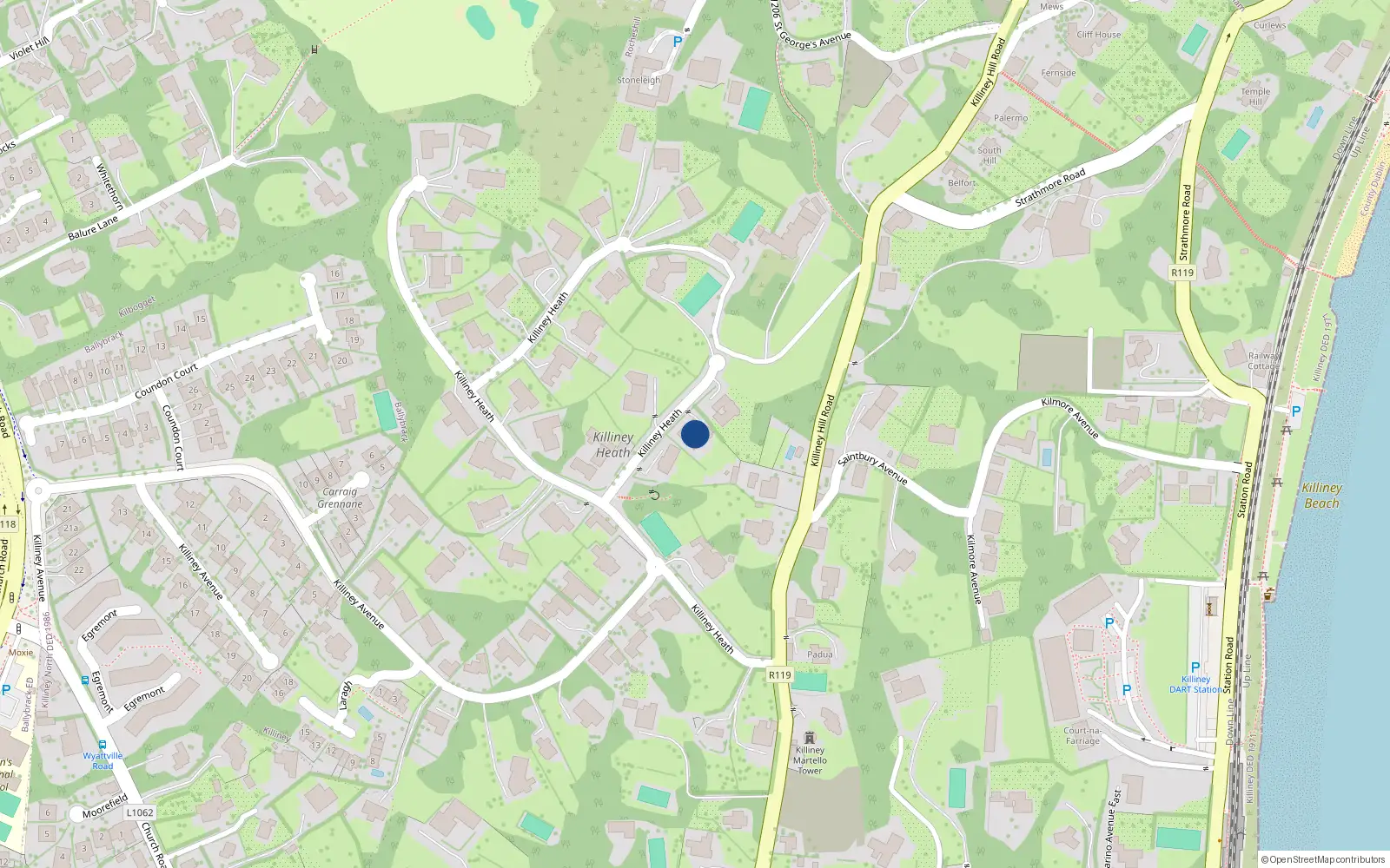 Overhead map showing the location of 34 Killiney Heath, Killiney