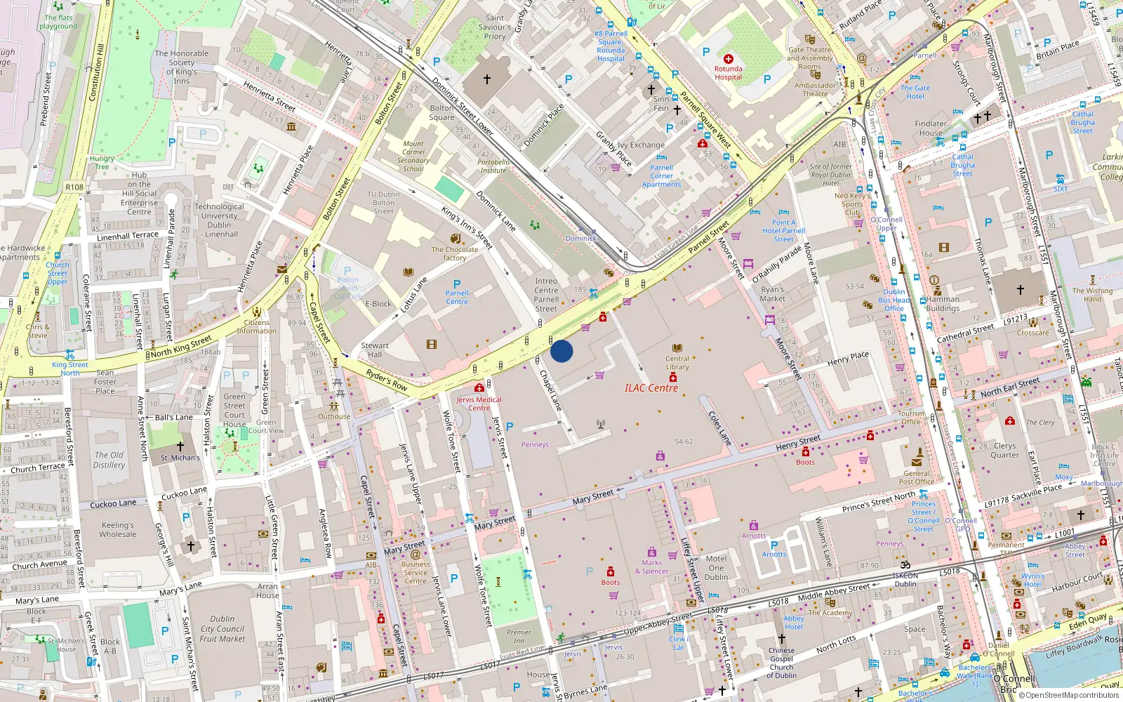 Overhead map showing the location of 34 Kings Court, Parnell Street, Dublin 1