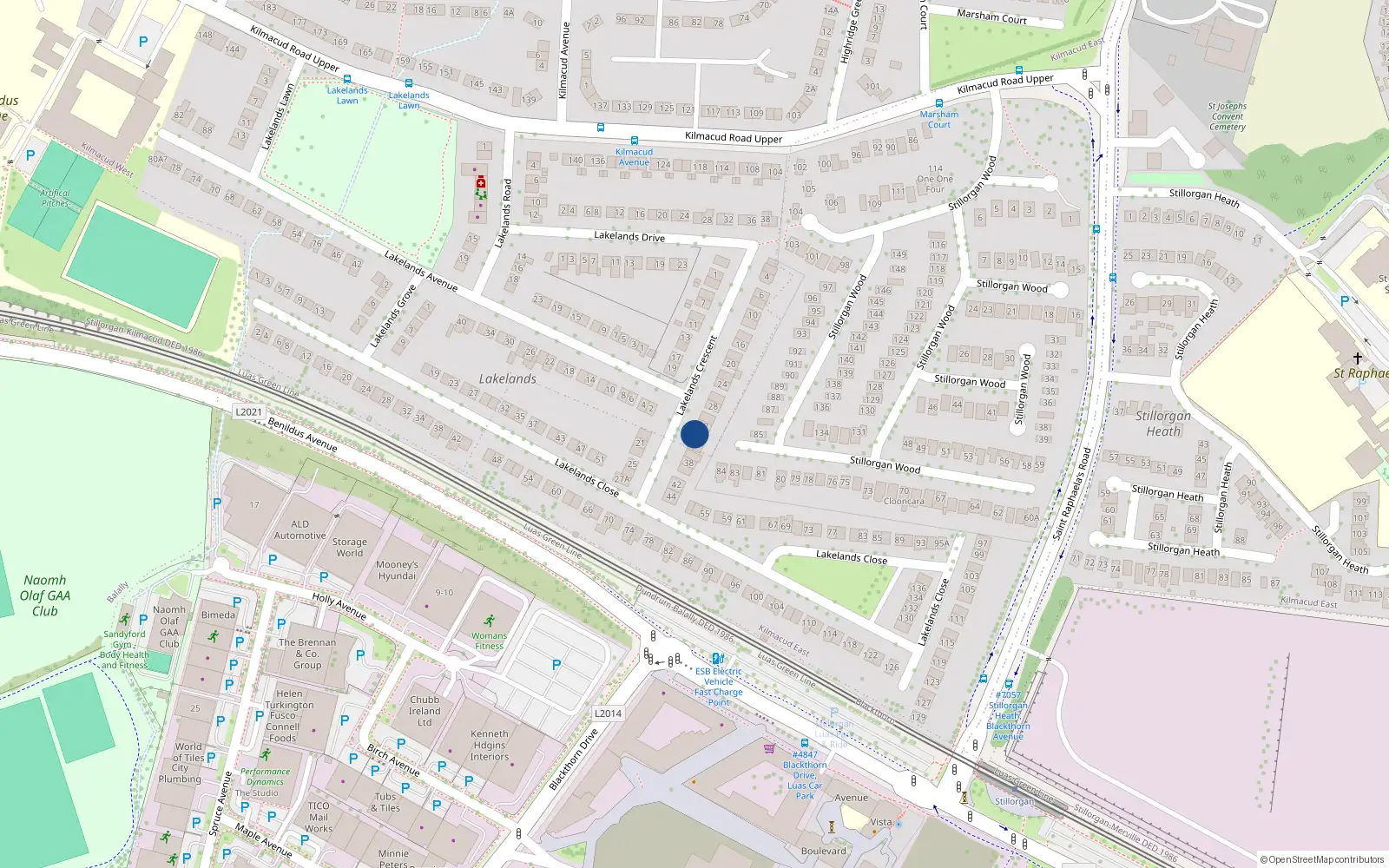Overhead map showing the location of 34 Lakelands Crescent, Upper Kilmacud Road, Stillorgan