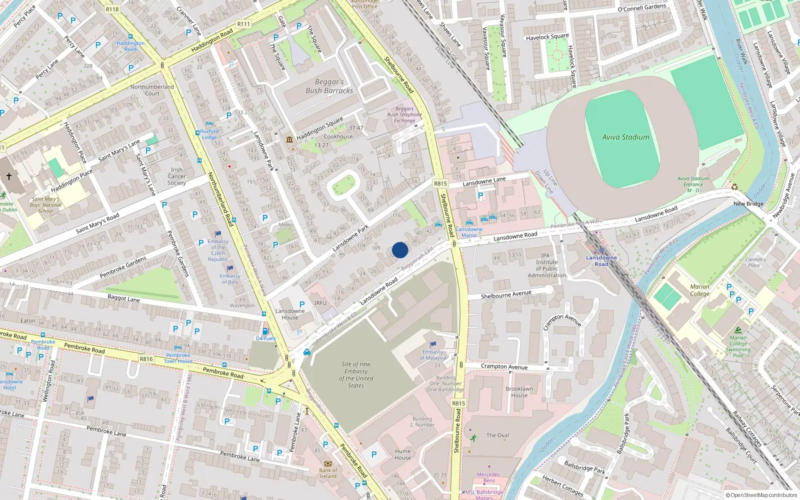 Overhead map showing the location of 34 Lansdowne Road, Dublin 4
