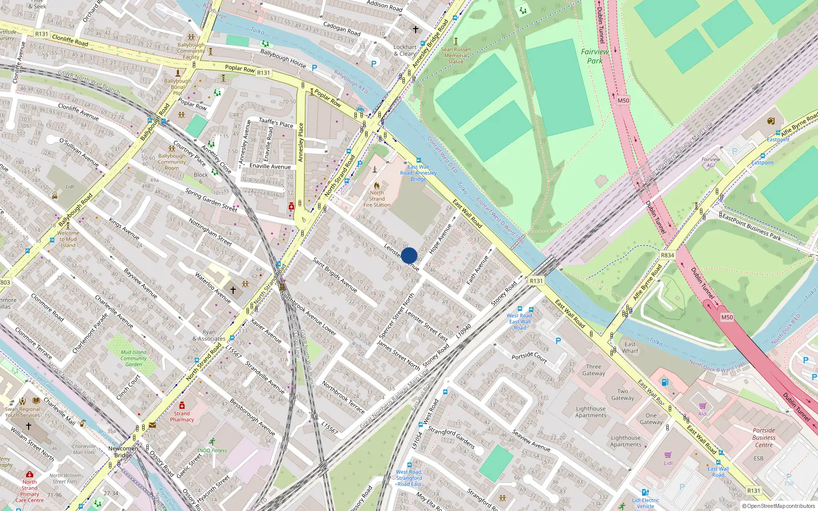 Overhead map showing the location of 34 Leinster Avenue, Eastwall, Dublin 3