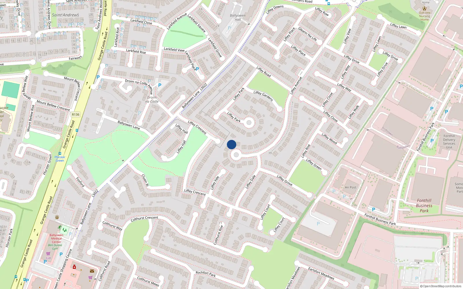 Overhead map showing the location of 34 Liffey Avenue, Liffey Valley Park, Lucan