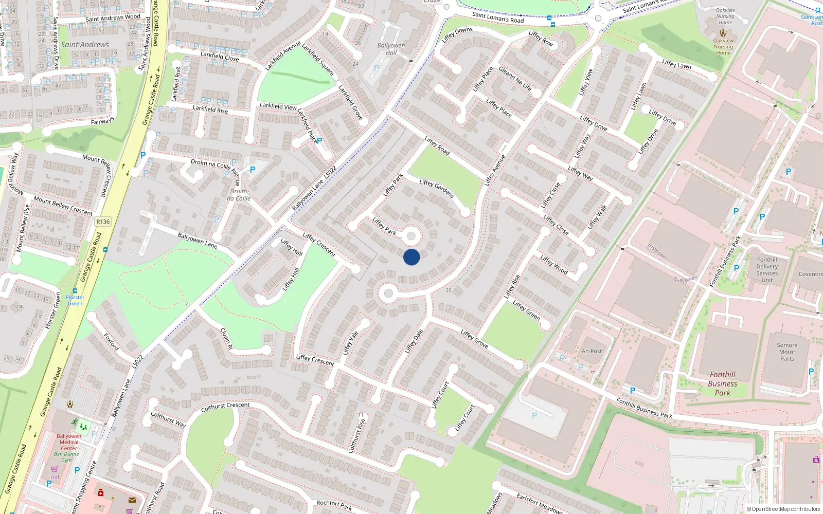 Overhead map showing the location of 34 Liffey Park, Liffey Valley Park, Lucan