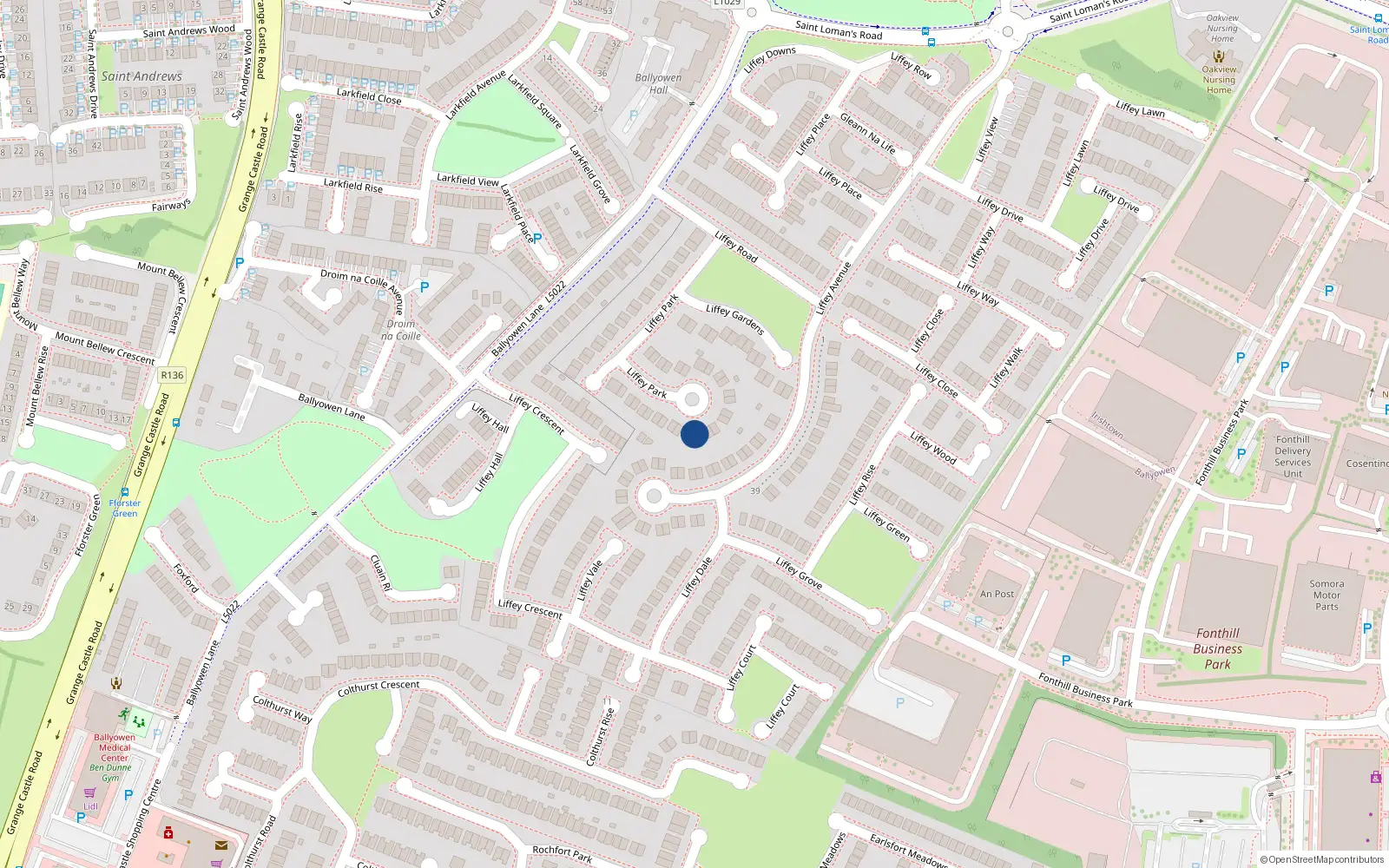Overhead map showing the location of 34 Liffey Park, Lucan