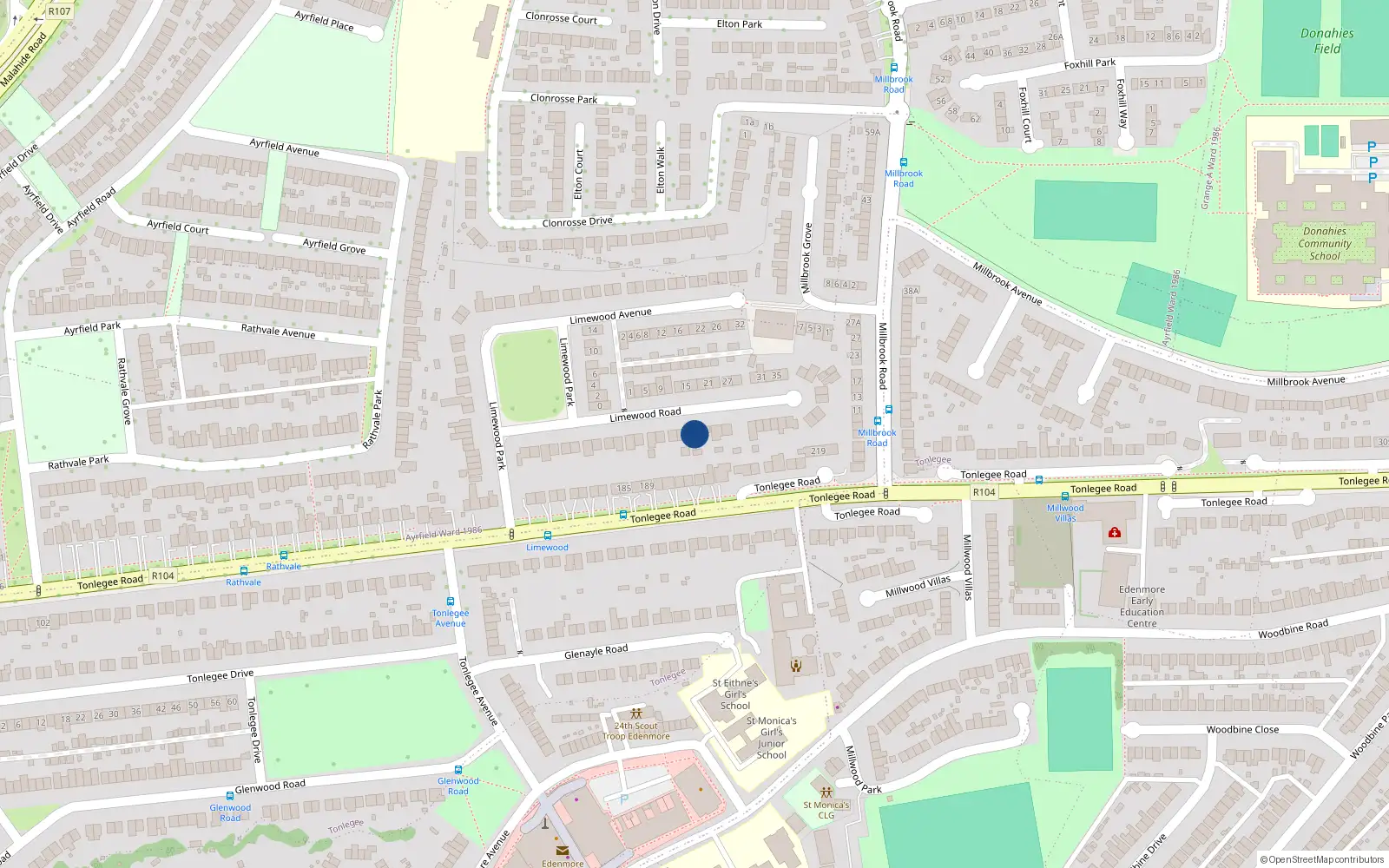 Overhead map showing the location of 34 Limewood Road, Dublin 5