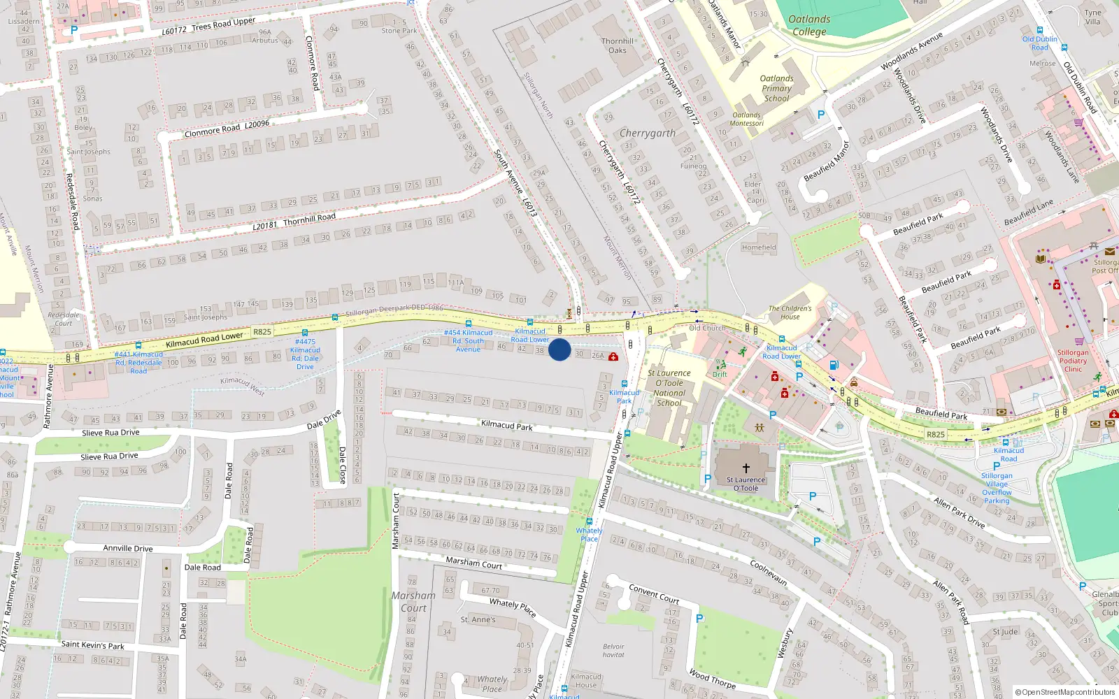 Overhead map showing the location of 34 Lower Kilmacud Road, Dublin