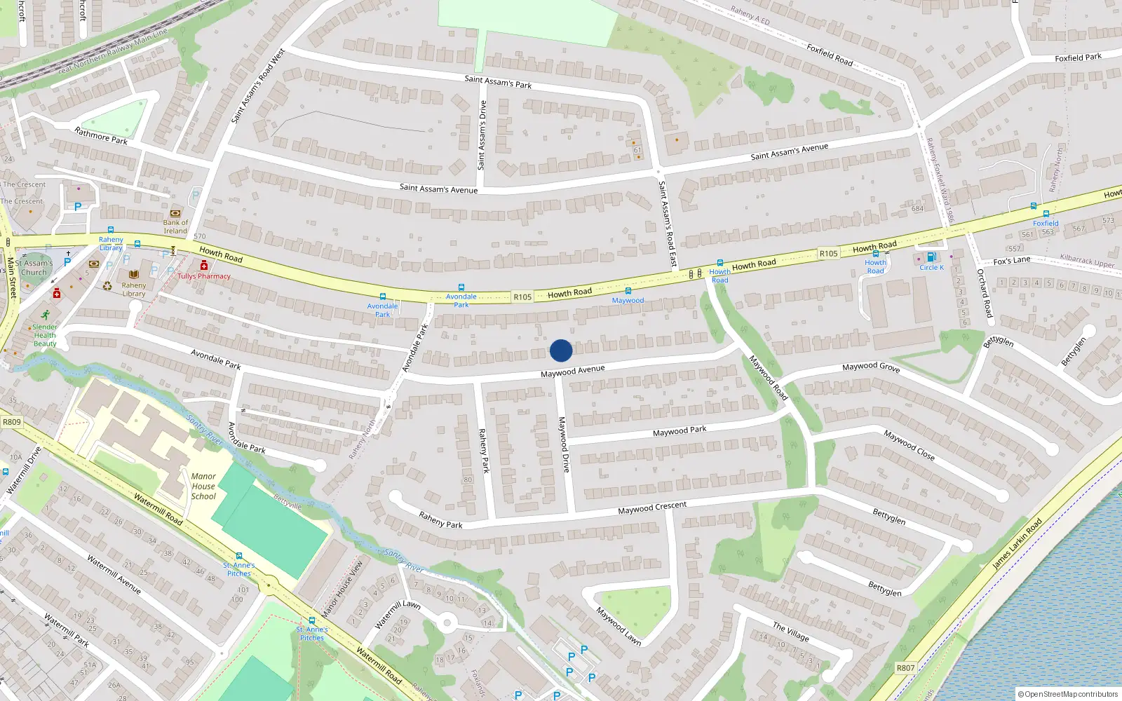 Overhead map showing the location of 34 Maywood Avenue, Dublin 5