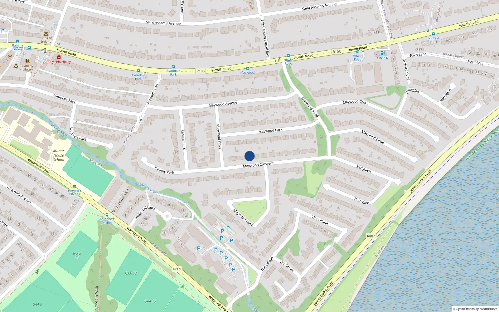Overhead map showing the location of 34 Maywood Crescent, Dublin 5