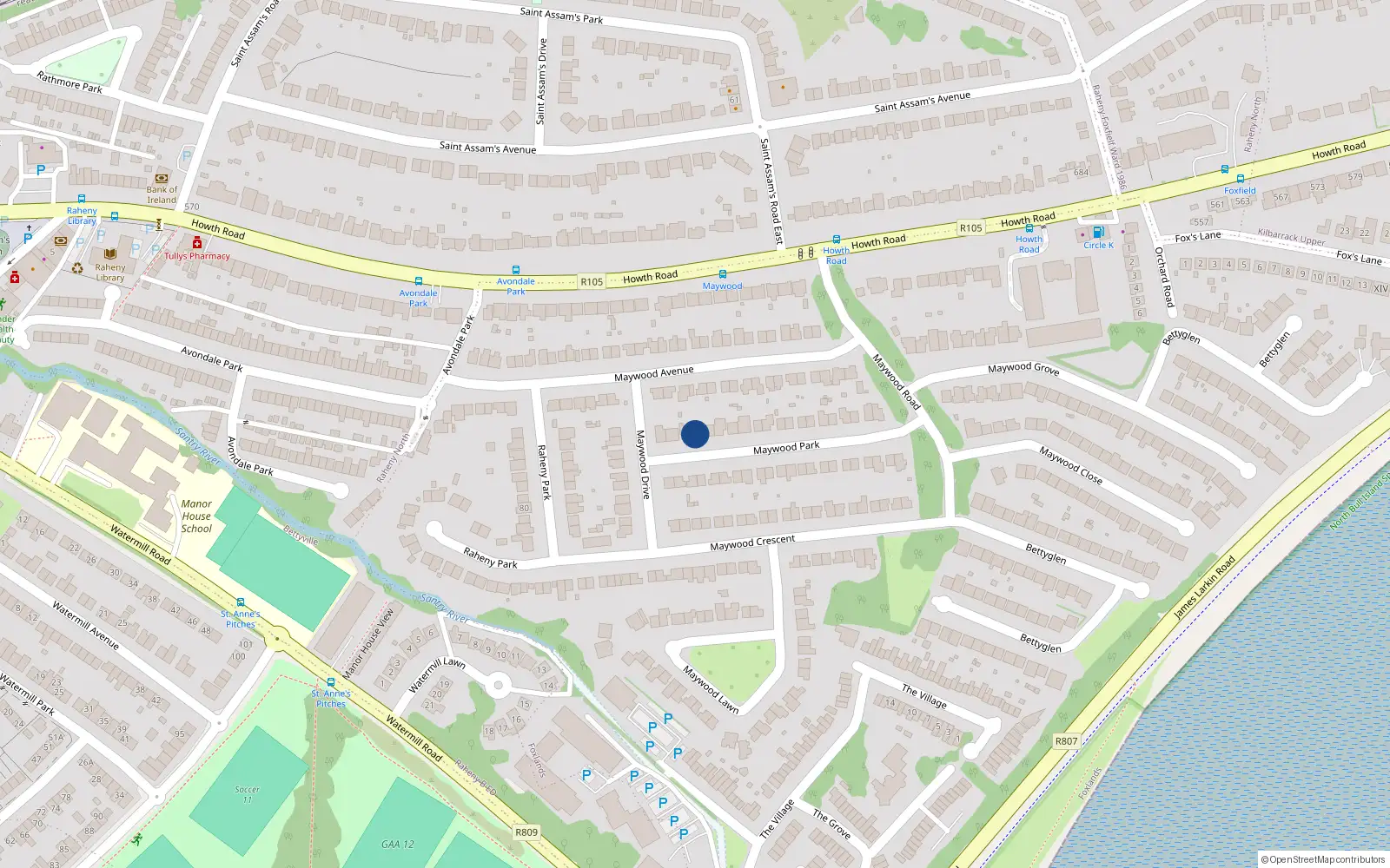 Overhead map showing the location of 34 Maywood Park, Raheny, Dublin 5