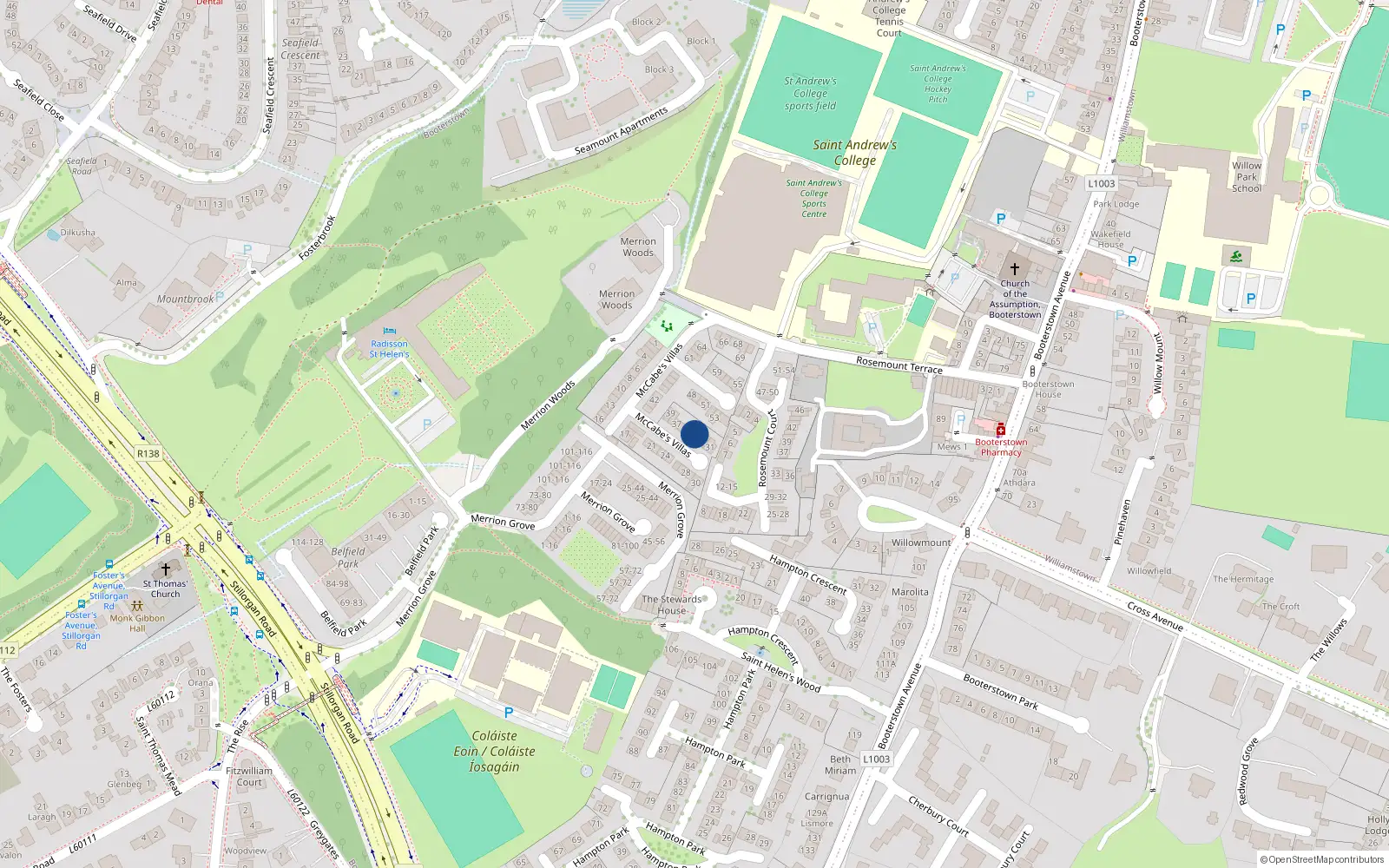 Overhead map showing the location of 34 McCabe's Villas, Booterstown