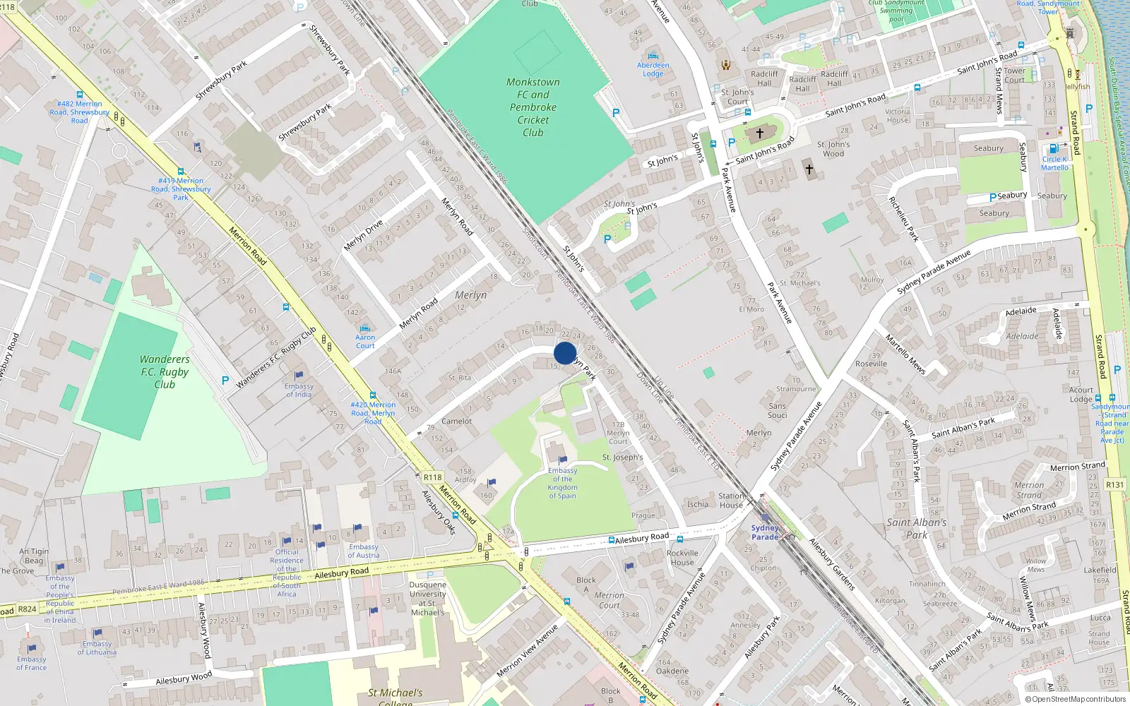Overhead map showing the location of 34 Merlyn Park, Ballsbridge