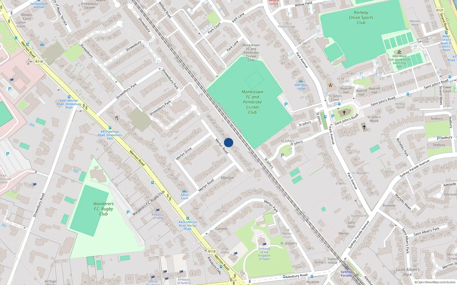 Overhead map showing the location of 34 Merlyn Road, Ballsbridge