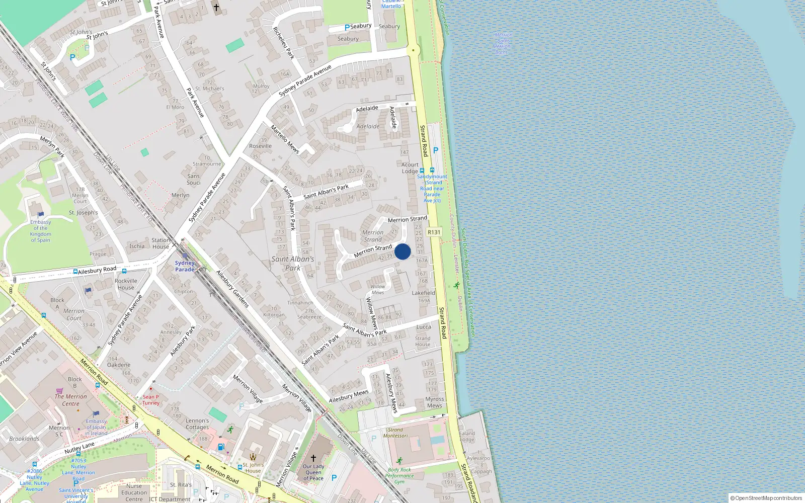 Overhead map showing the location of 34 Merrion Strand, Sandymount