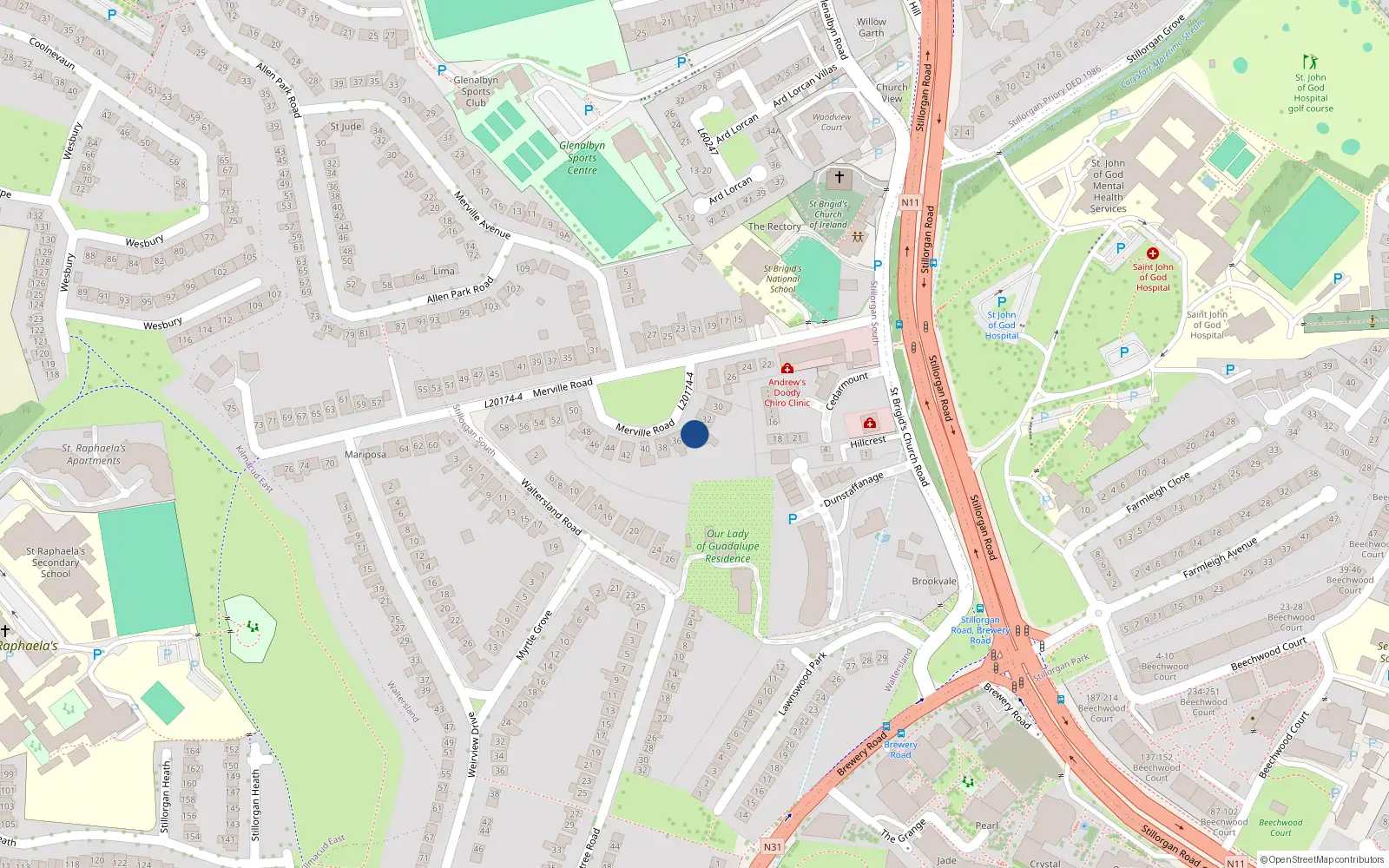 Overhead map showing the location of 34 Merville Road, Dublin