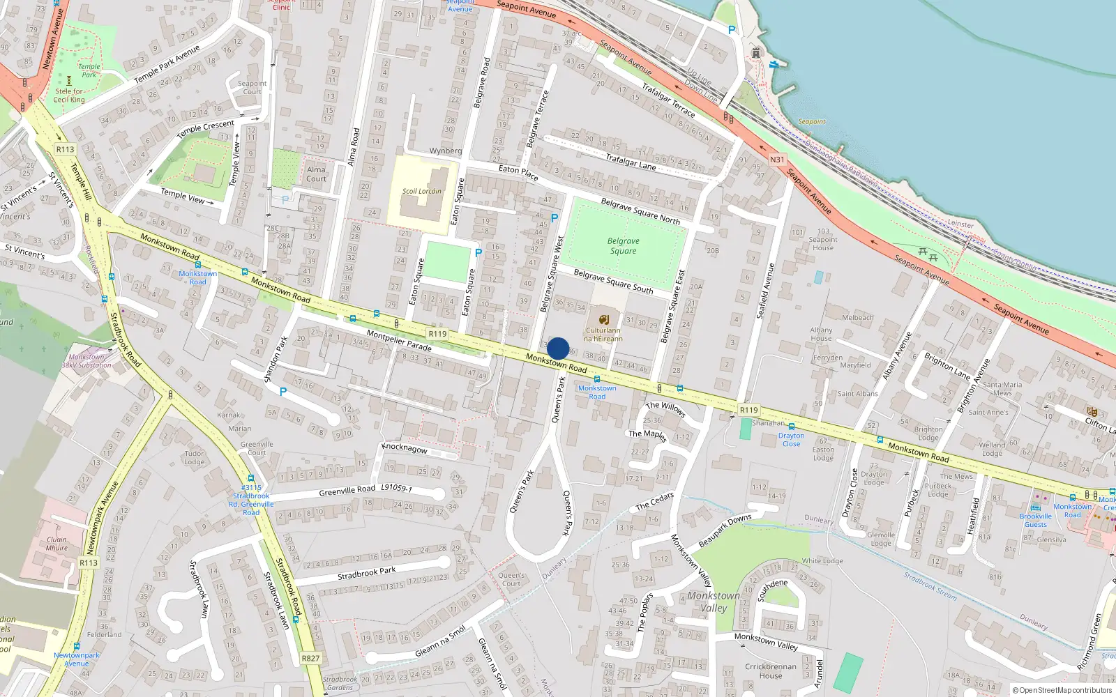 Overhead map showing the location of 34 Monkstown Road, Monkstown