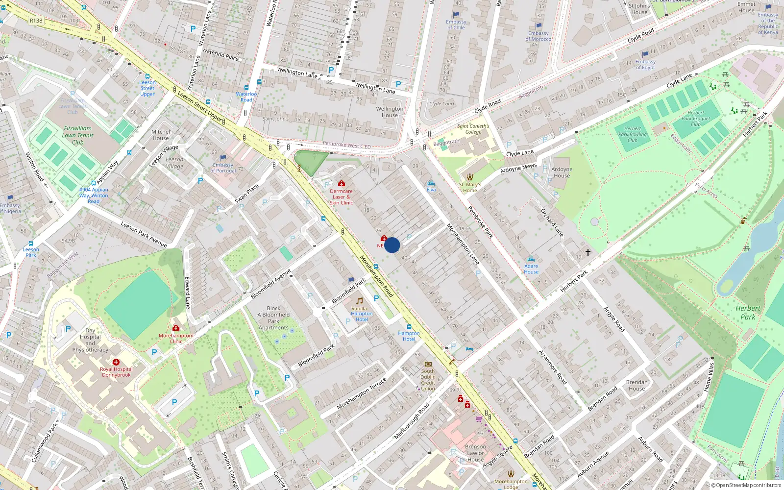 Overhead map showing the location of 34 Morehampton Road, Dublin 4
