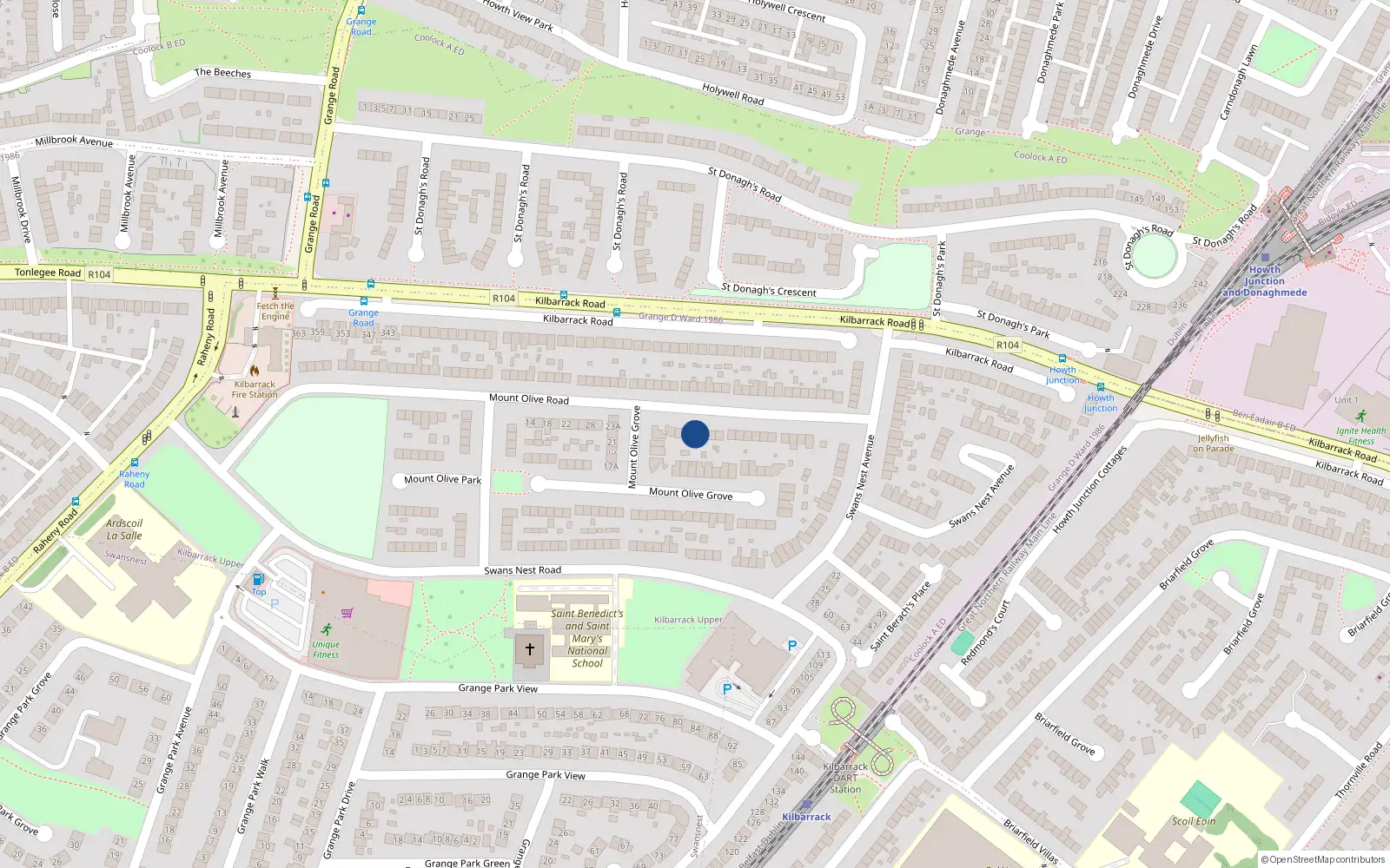 Overhead map showing the location of 34 Mount Olive Road, Kilbarrack, Dublin 5