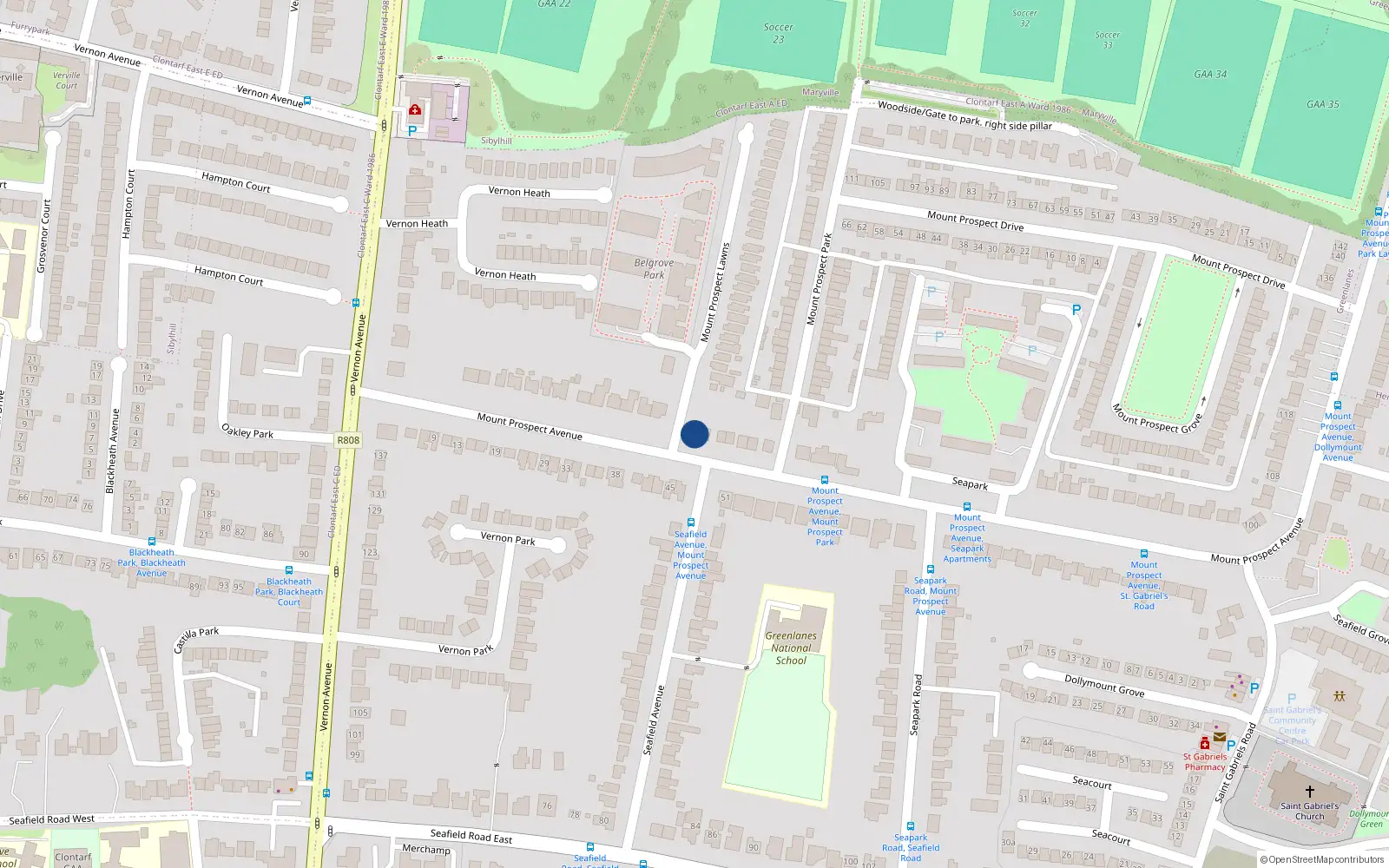 Overhead map showing the location of 34 Mount Prospect Avenue, Clontarf, Dublin 3