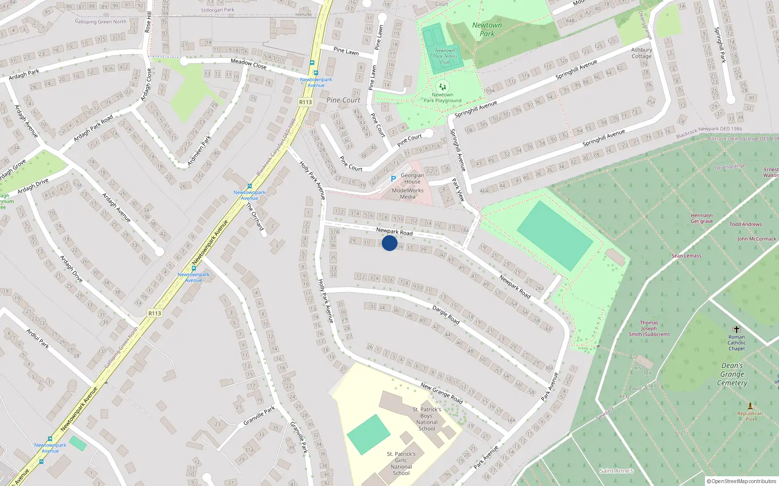Overhead map showing the location of 34 New Park Road, Blackrock