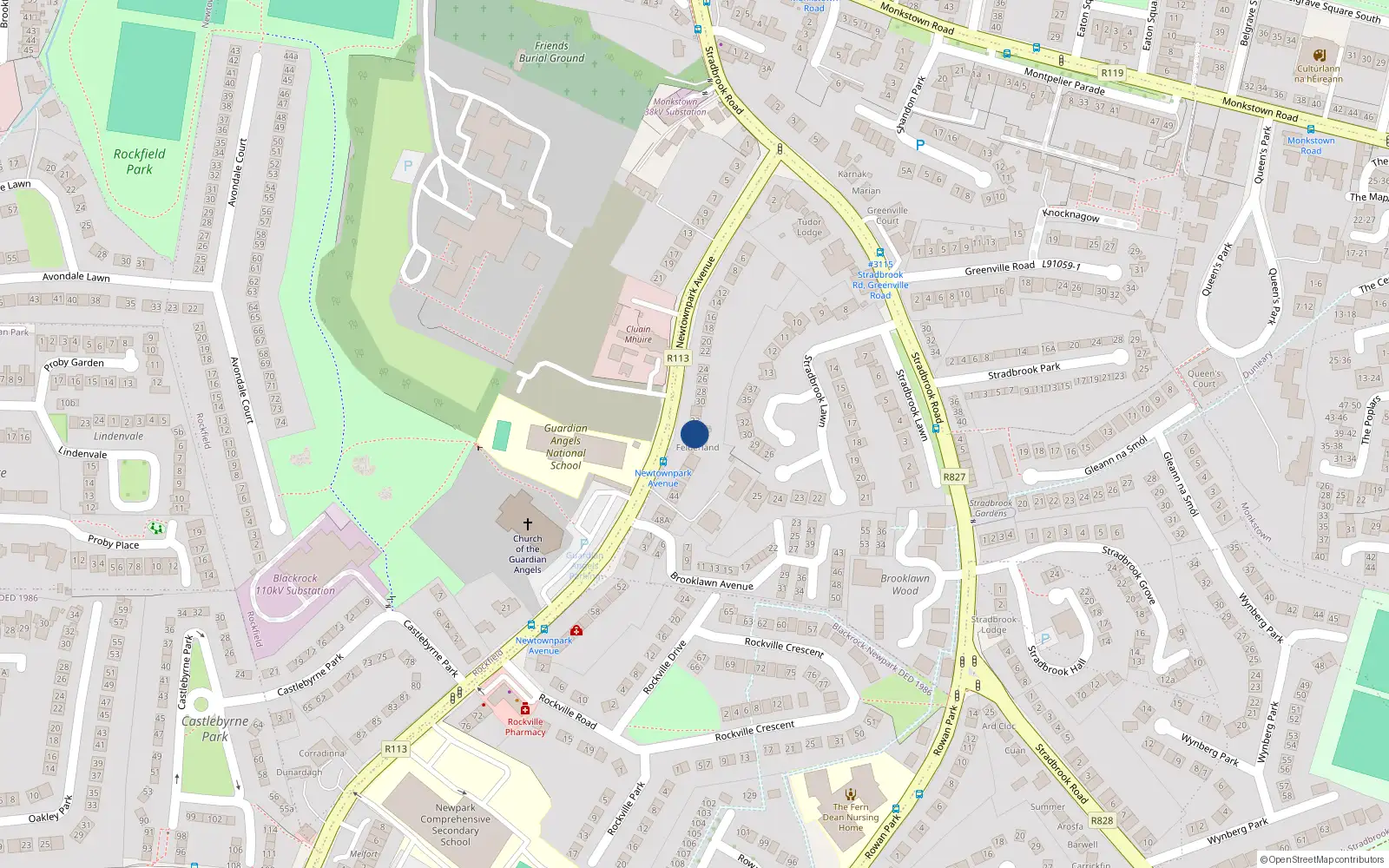 Overhead map showing the location of 34 Newtownpark Avenue, Blackrock