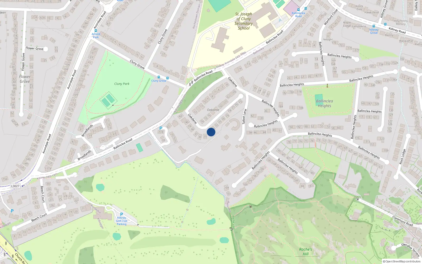Overhead map showing the location of 34 Oakdene, Killiney