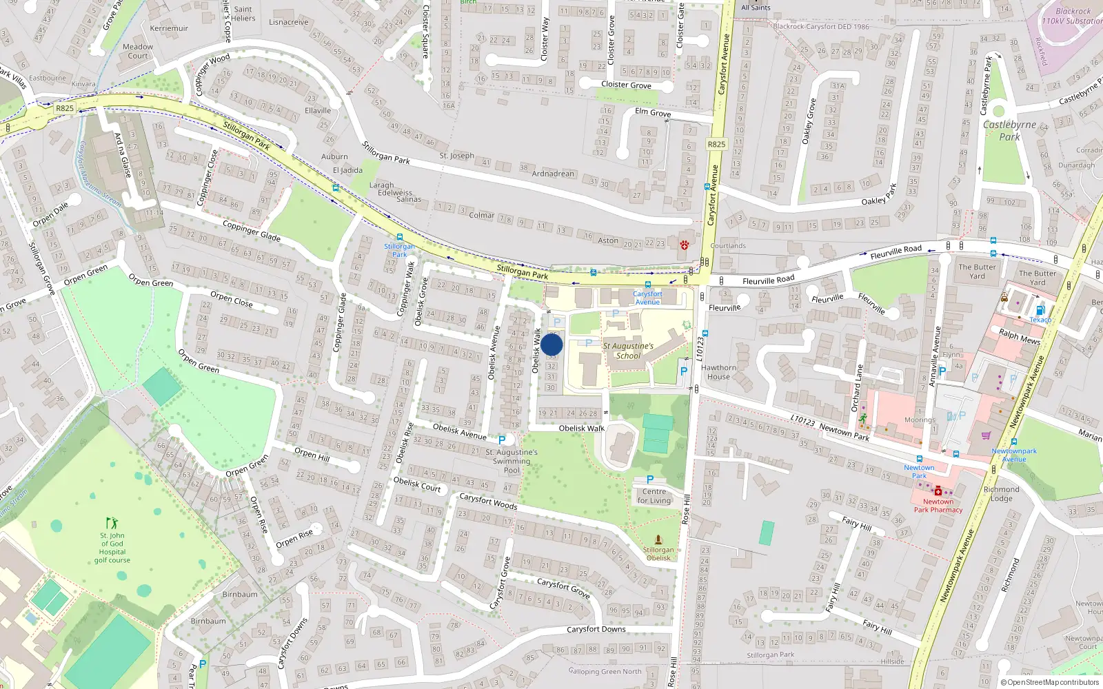 Overhead map showing the location of 34 Obelisk Walk, Carysfort Avenue, Blackrock