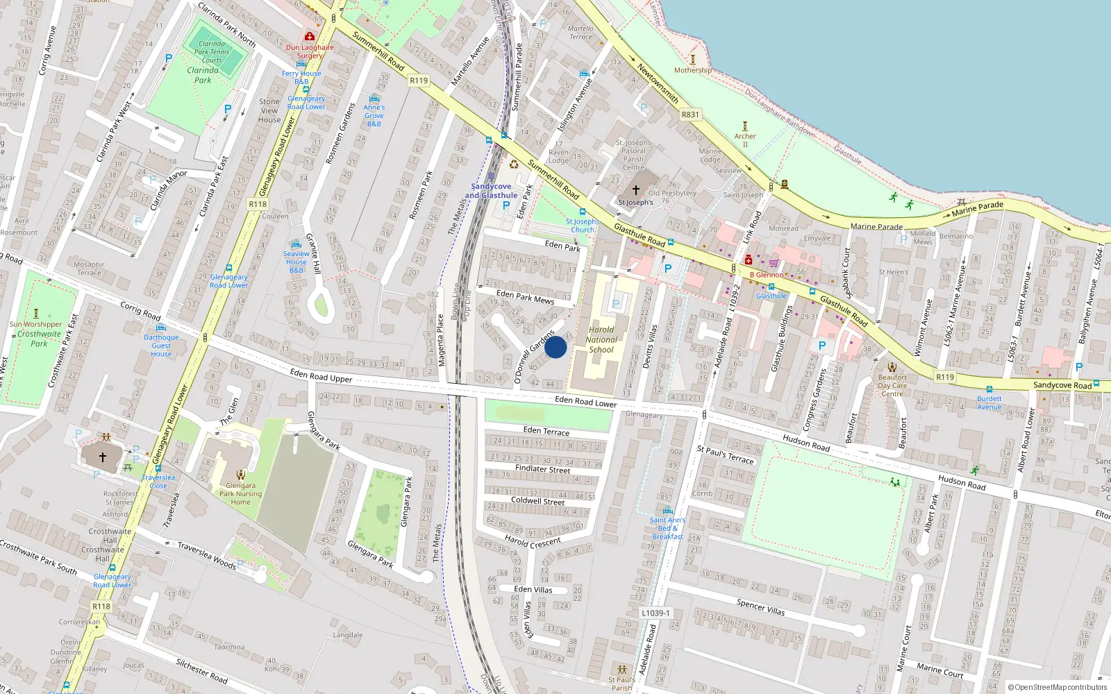 Overhead map showing the location of 34 Odonnell Gardens, Dun Laoghaire, Dublin