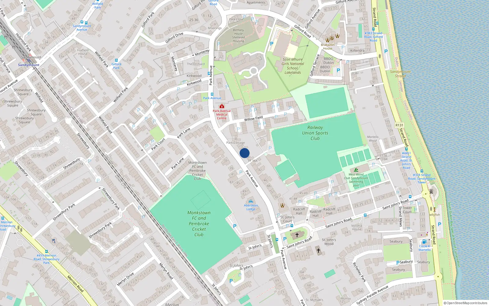 Overhead map showing the location of 34 Park Avenue, Sandymount