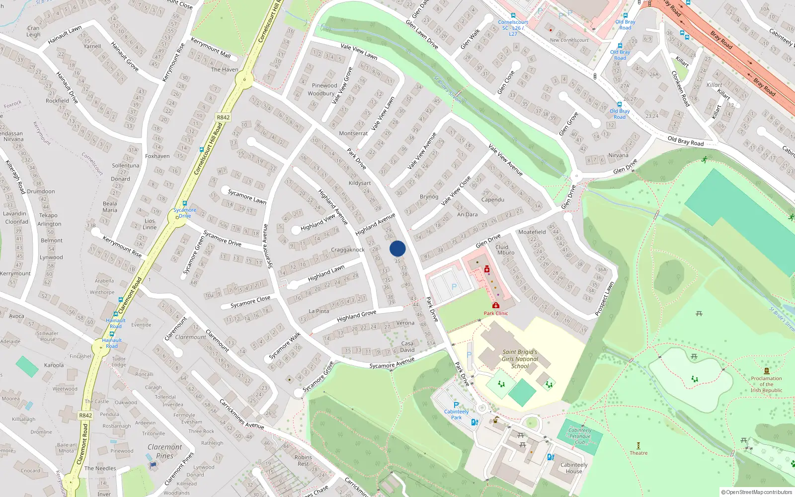 Overhead map showing the location of 34 Park Drive, Dublin 18