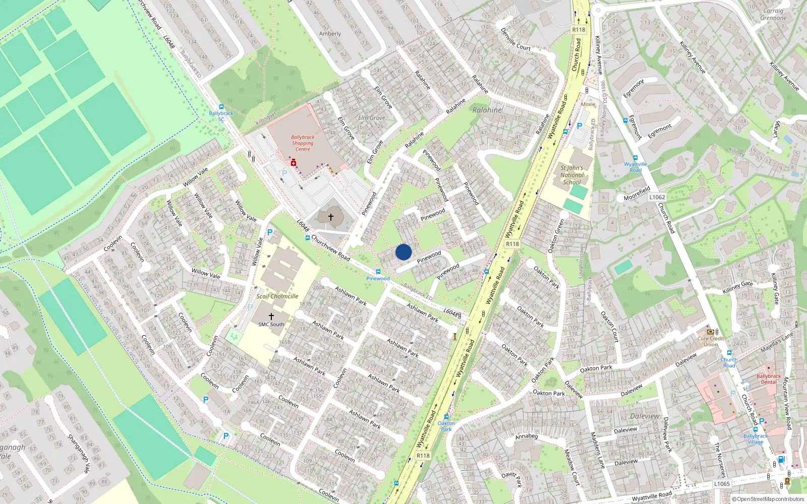 Overhead map showing the location of 34 Pinewood, Ballybrack, Co Dublin