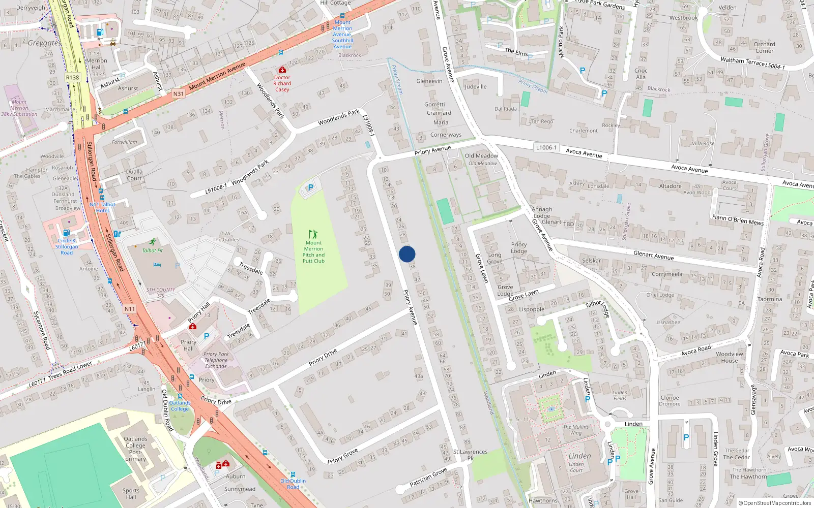 Overhead map showing the location of 34 Priory Avenue, Blackrock, Dublin