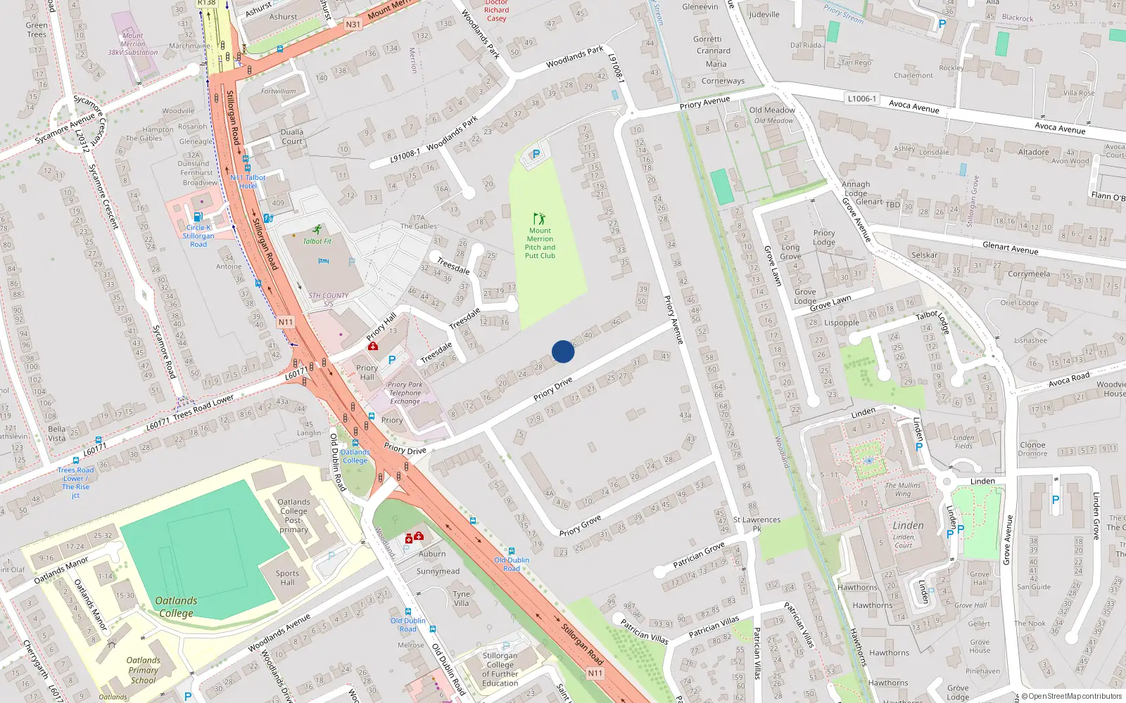 Overhead map showing the location of 34 Priory Drive, Dublin