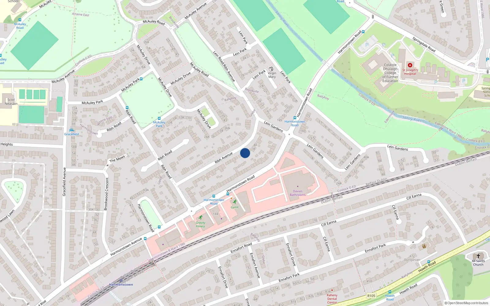 Overhead map showing the location of 34 Ribh Avenue, Dublin 5