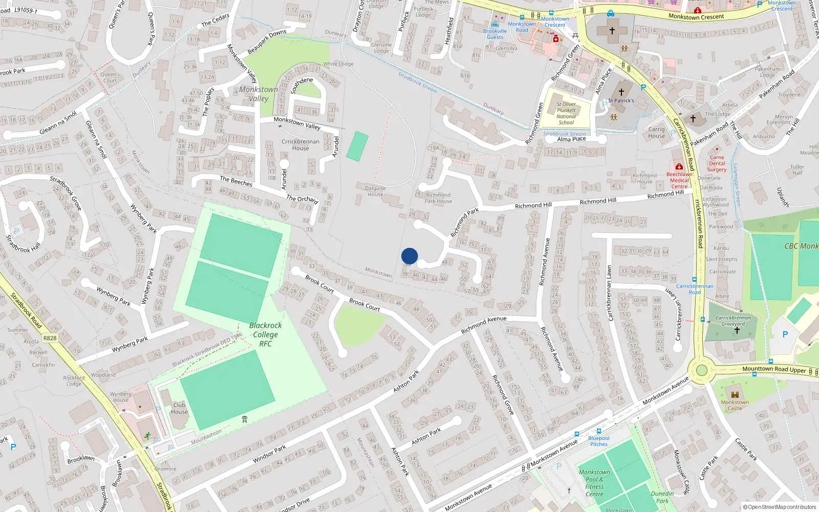 Overhead map showing the location of 34 Richmond Park, Dublin
