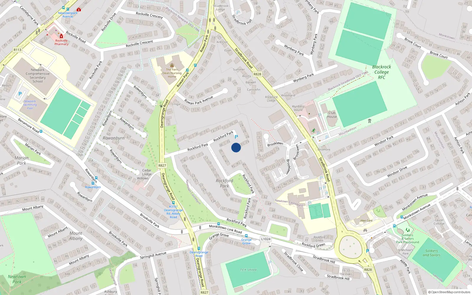 Overhead map showing the location of 34 Rockford Park, Blackrock