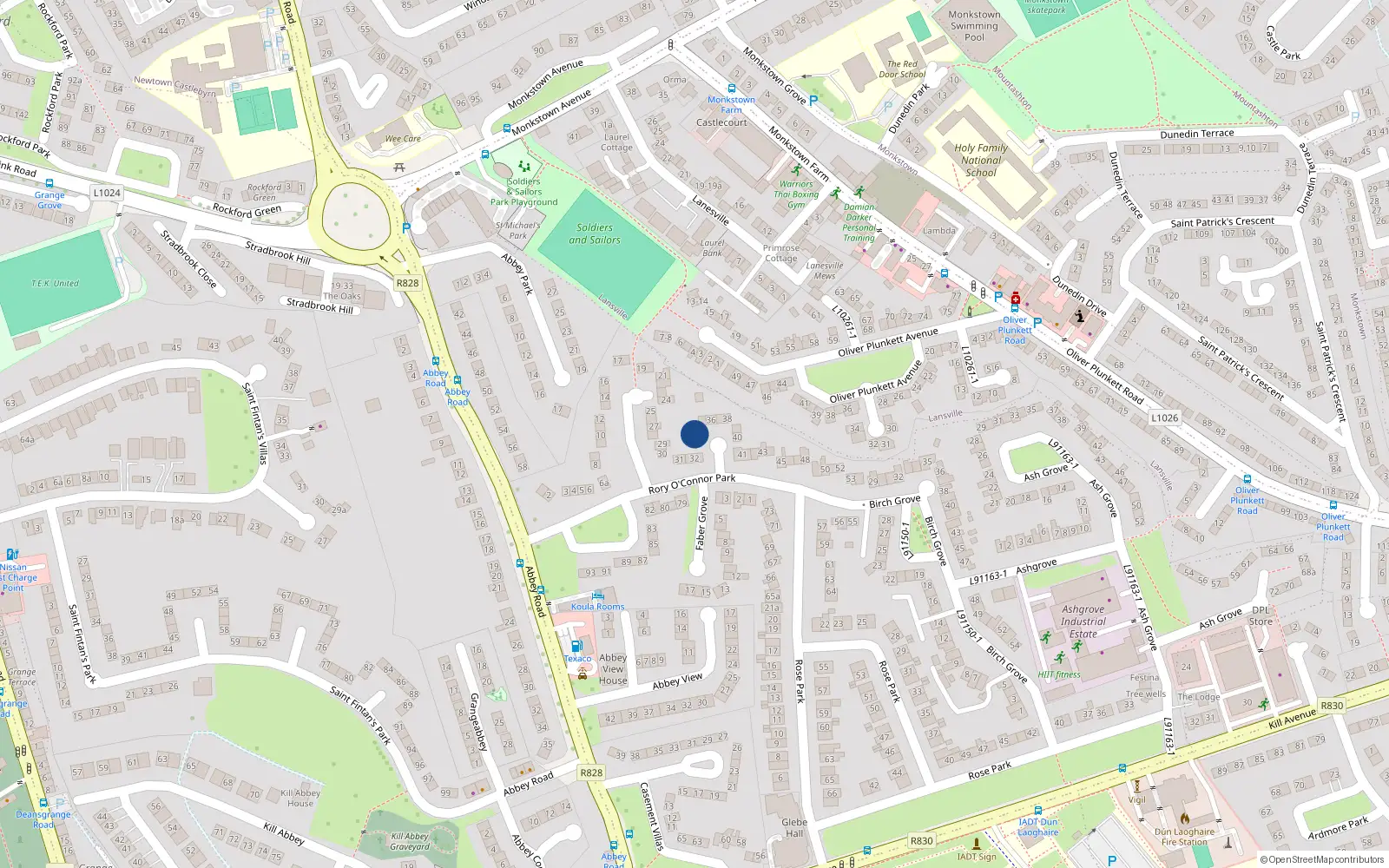 Overhead map showing the location of 34 Rory Oconnors Park, Dun Laoghaire, Dublin