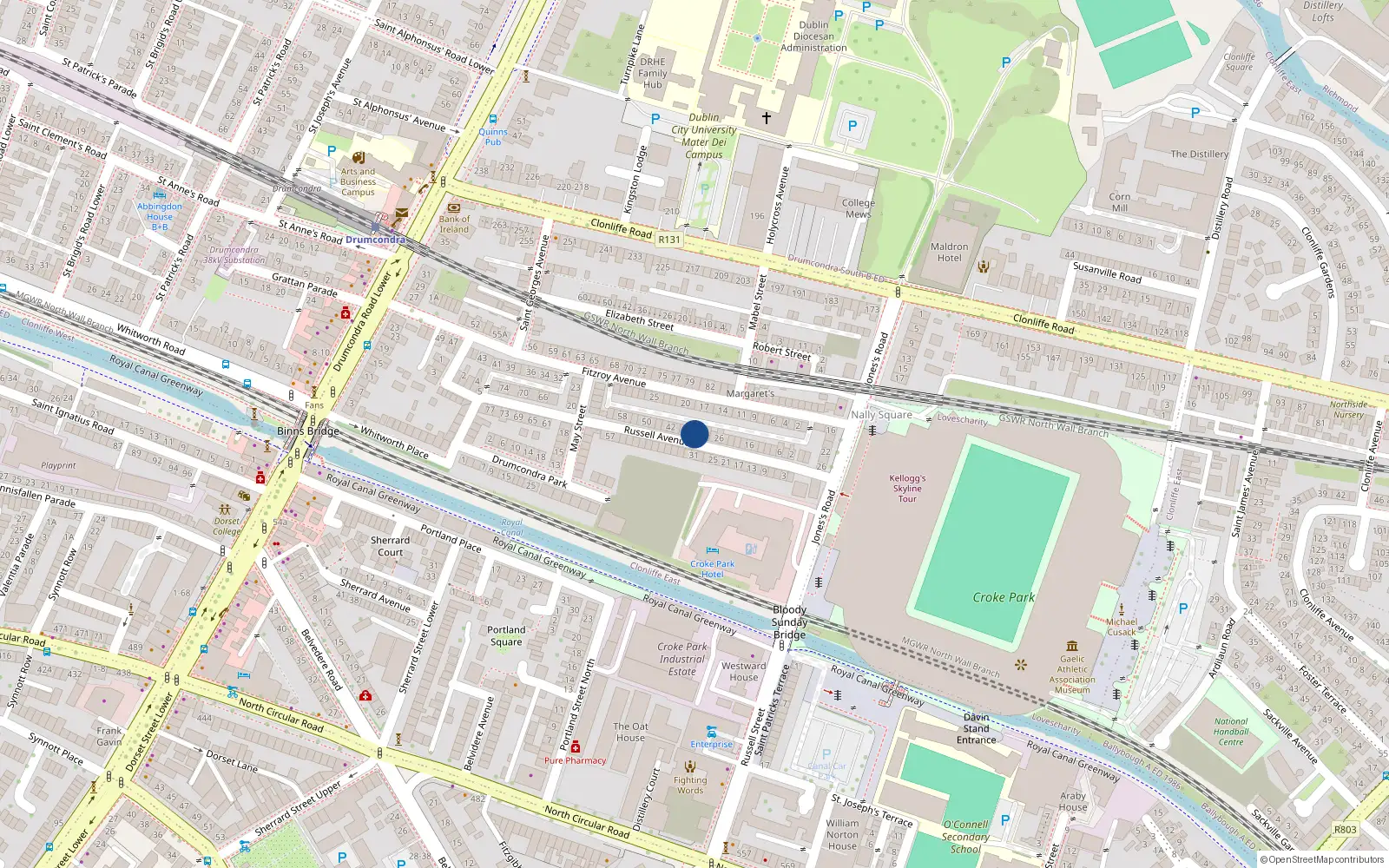 Overhead map showing the location of 34 Russell Avenue, Drumcondra, Dublin 3