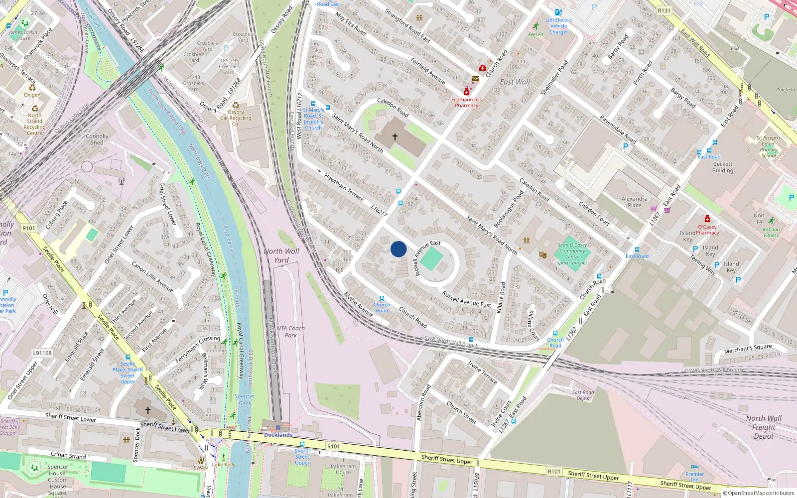Overhead map showing the location of 34 Russell Avenue, East Wall, Dublin 3
