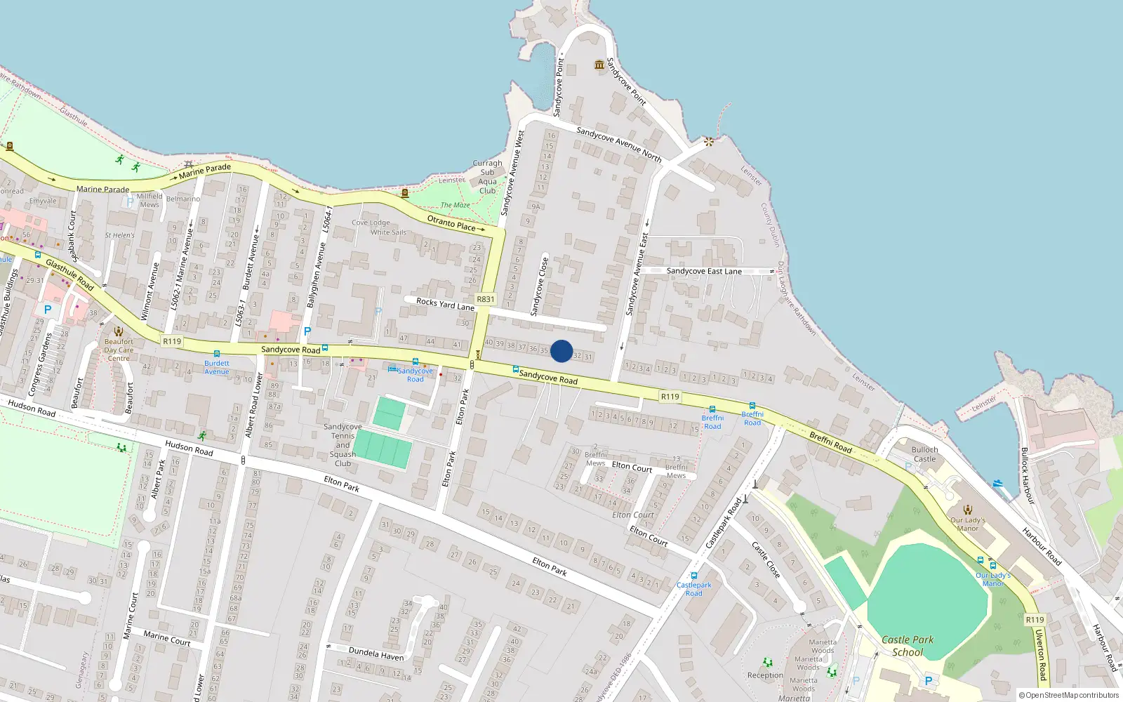 Overhead map showing the location of 34 Sandycove Road, Dublin