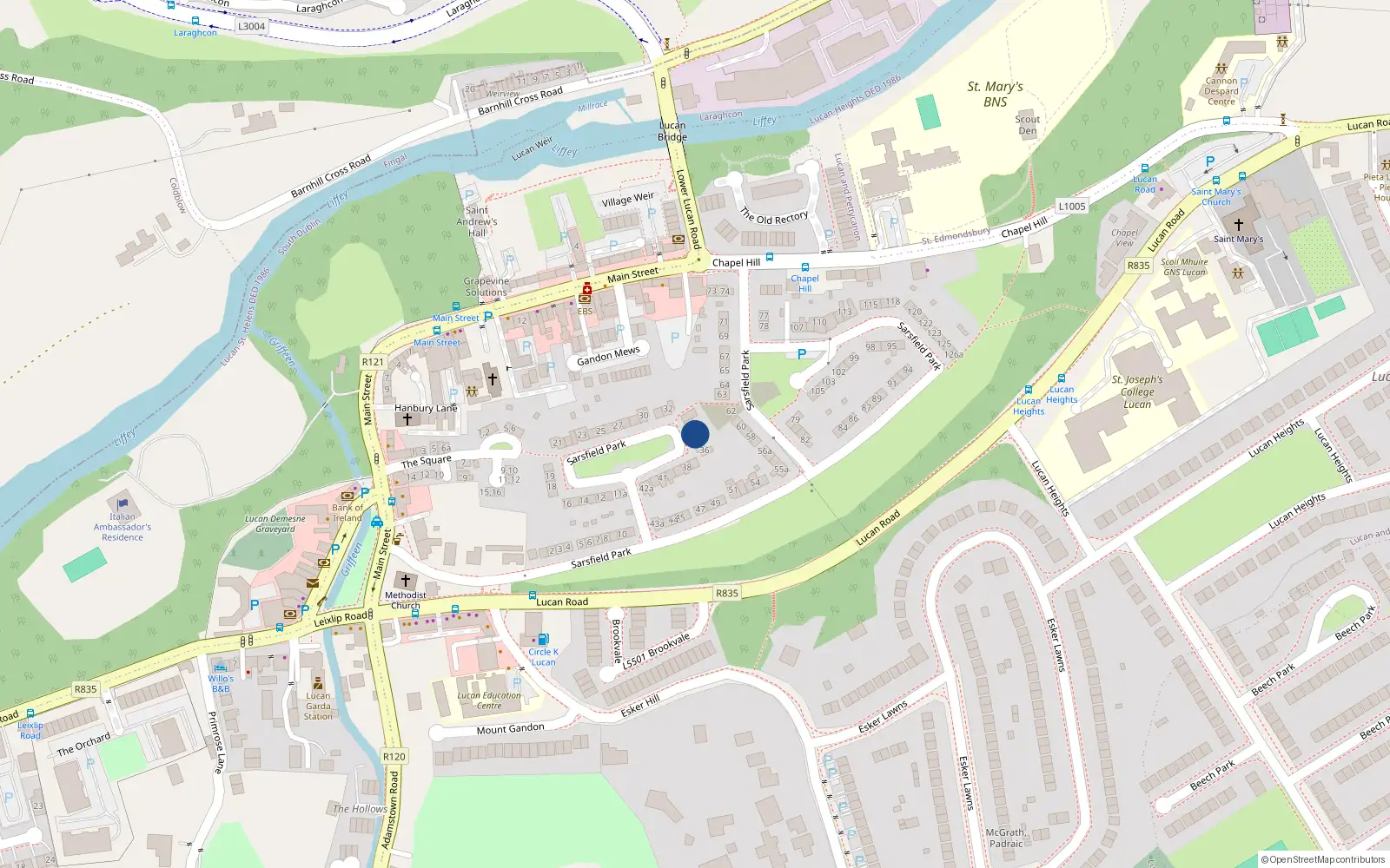Overhead map showing the location of 34 Sarsfield Park, Lucan