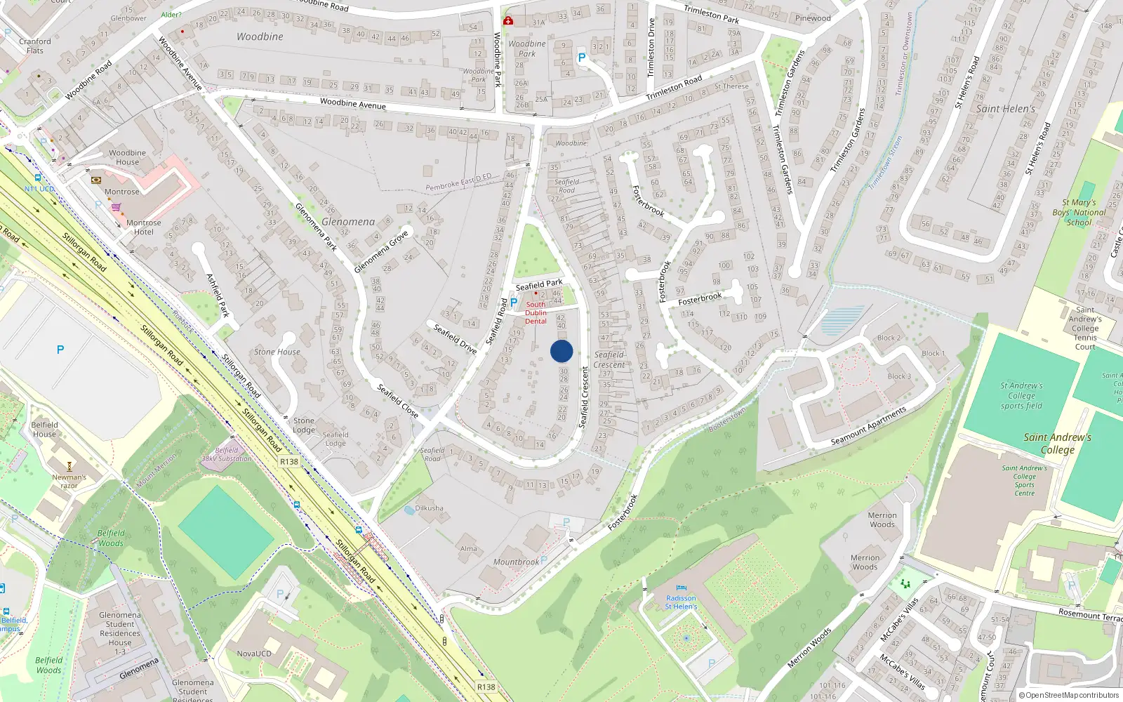 Overhead map showing the location of 34 Seafield Crescent, Blackrock