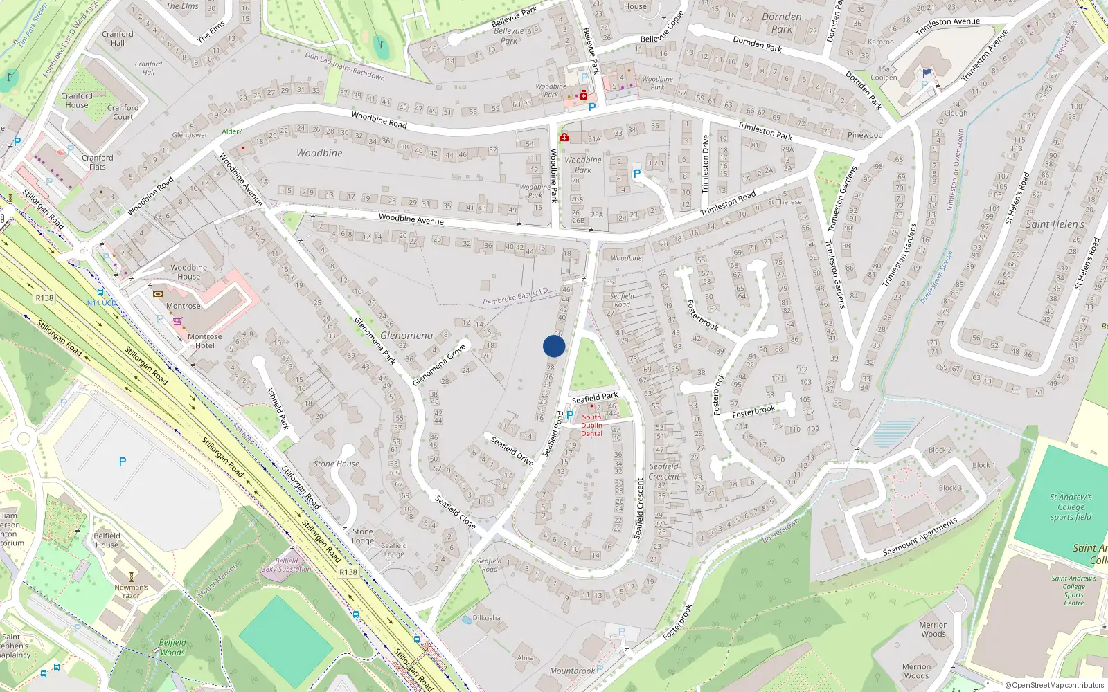 Overhead map showing the location of 34 Seafield Road, Blackrock, Dublin
