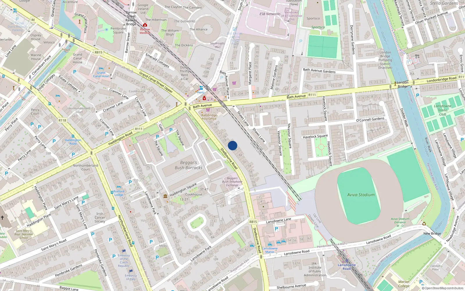 Overhead map showing the location of 34 Shelbourne Road, Dublin 4