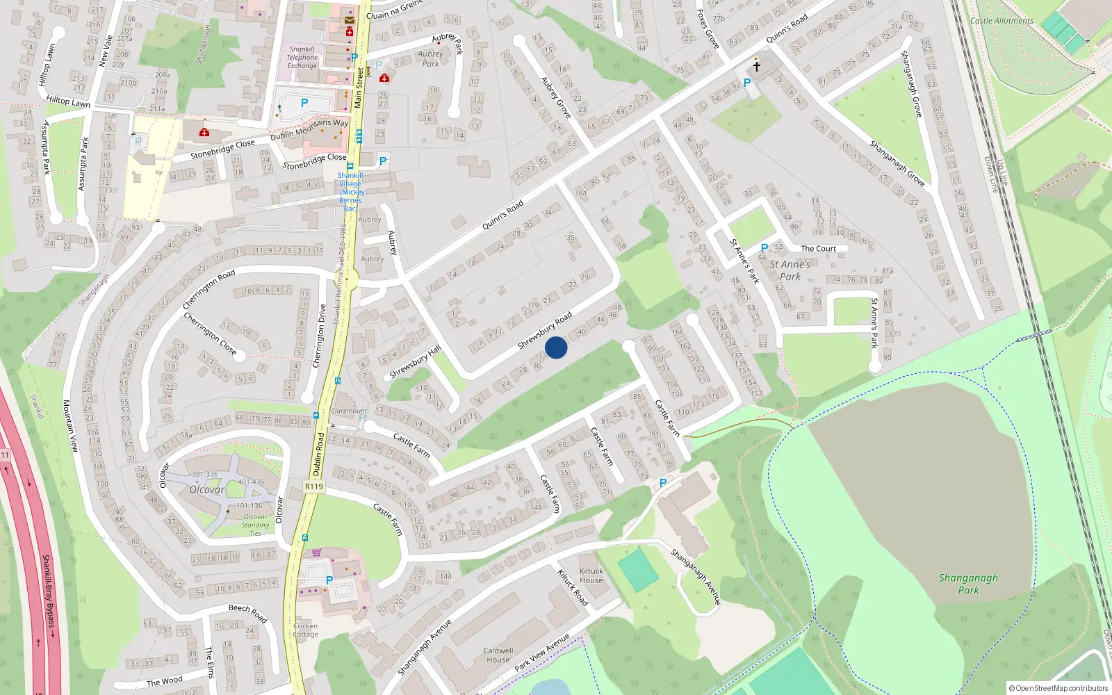 Overhead map showing the location of 34 Shrewsbury Road, Dublin 18