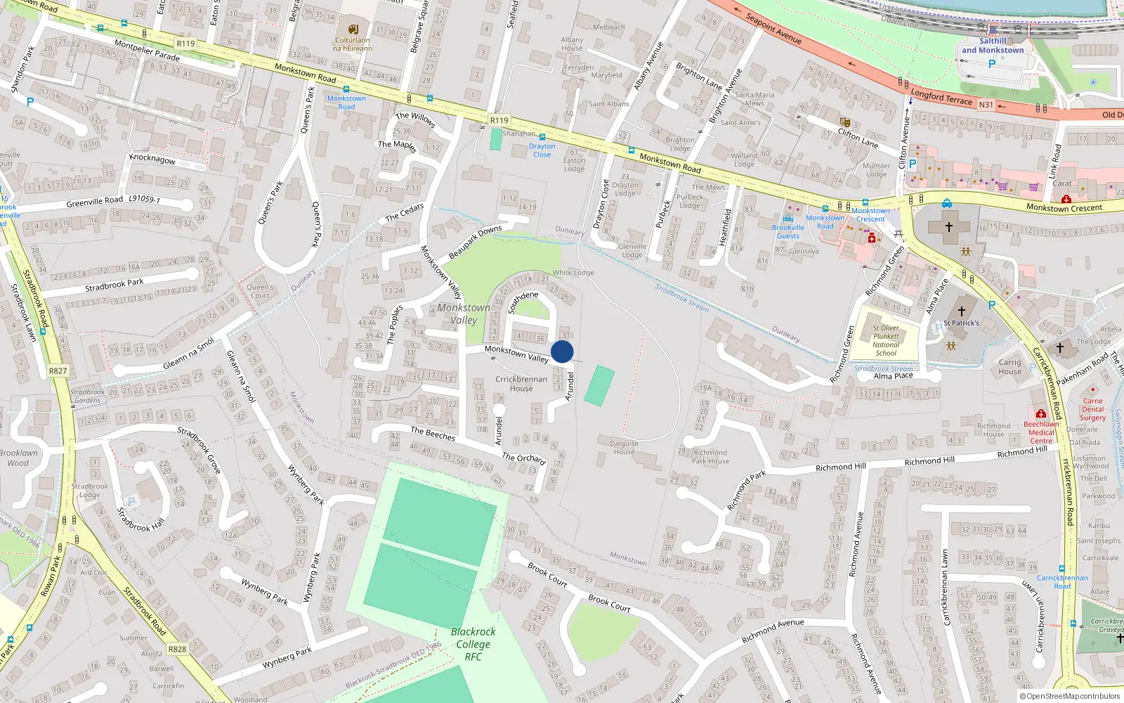 Overhead map showing the location of 34 Southdene, Monkstown Valley, Monkstown
