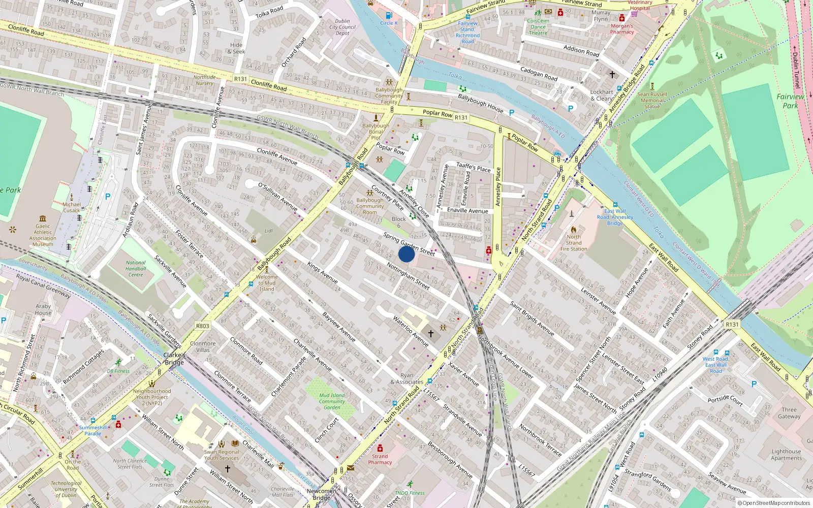 Overhead map showing the location of 34 Spring Garden Street, Dublin